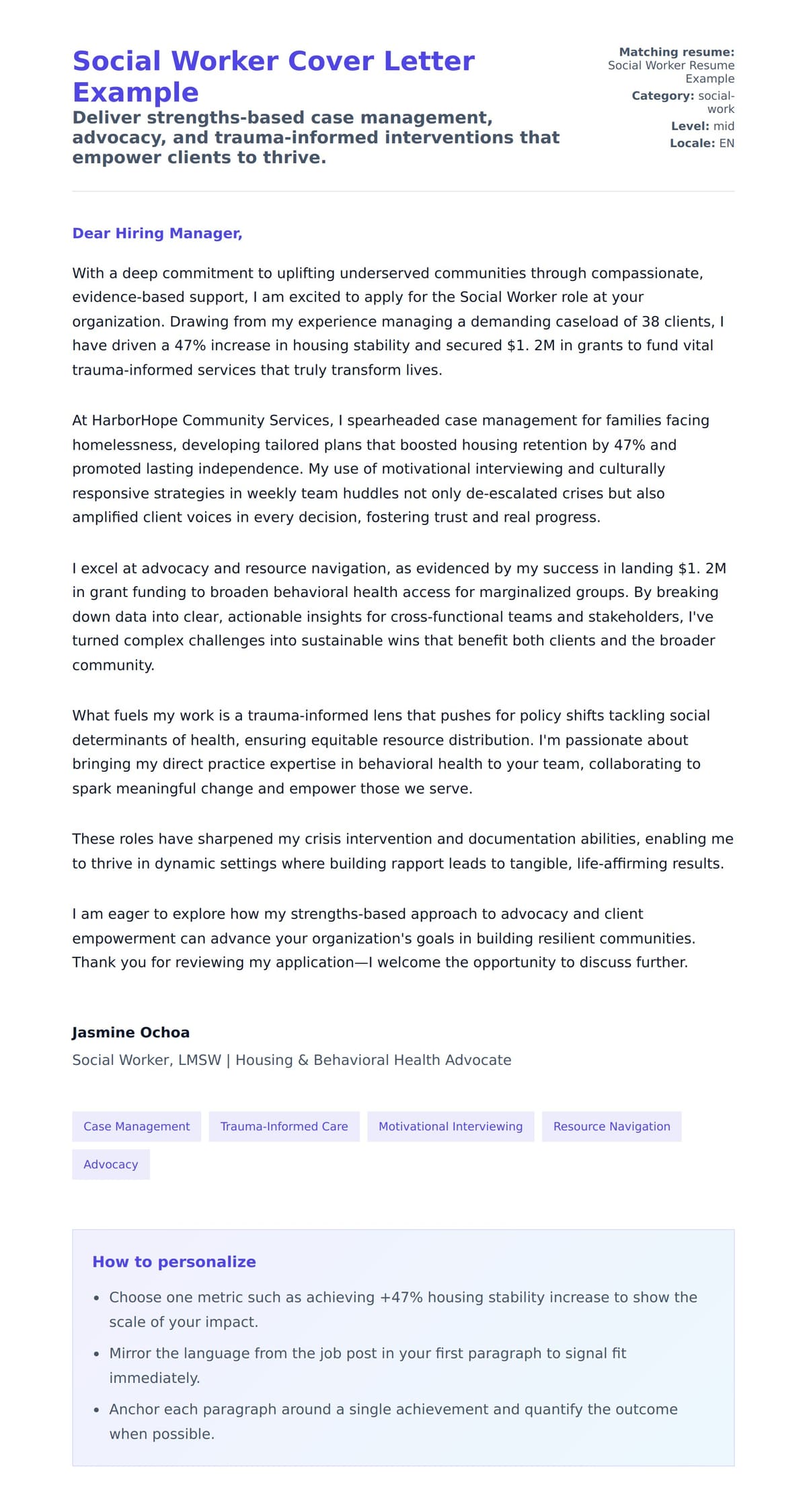 Cover Letter preview for Social Worker Cover Letter Example