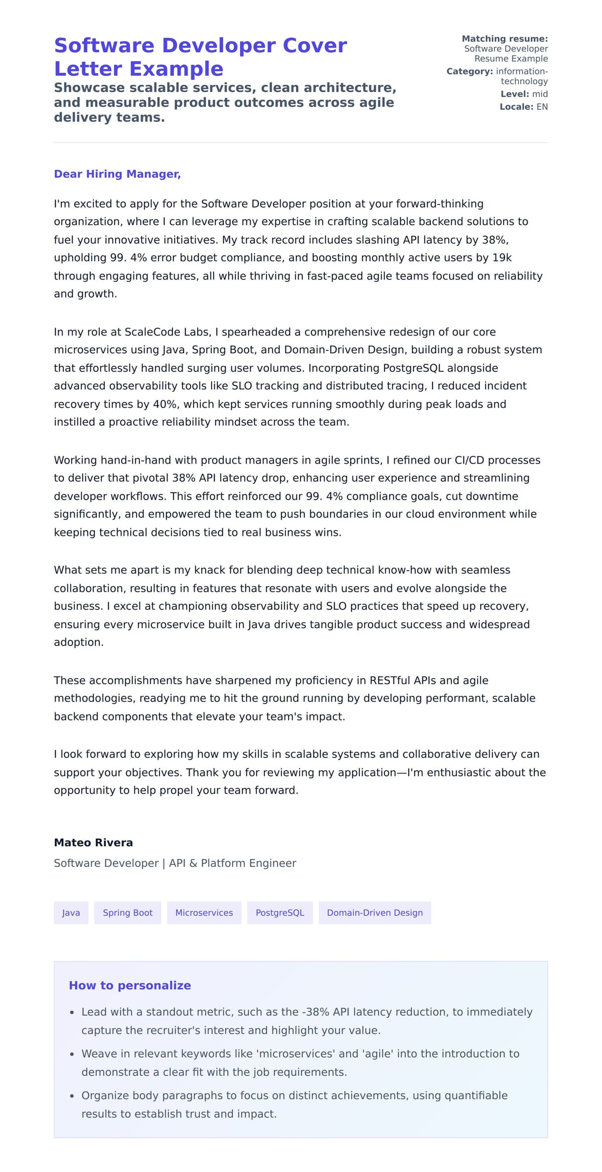 Cover Letter preview for Software Developer Cover Letter Example