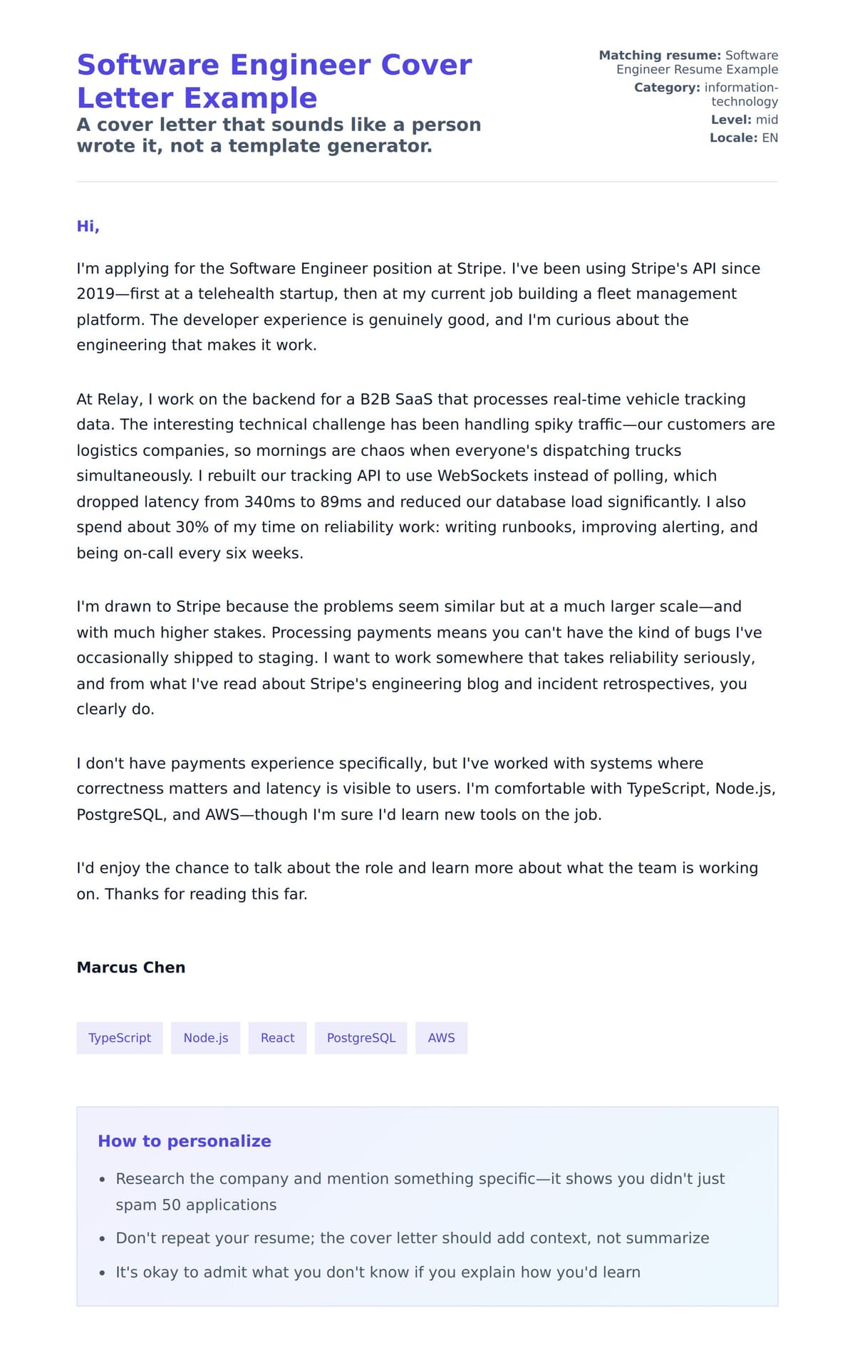 Cover Letter preview for Software Engineer Cover Letter Example