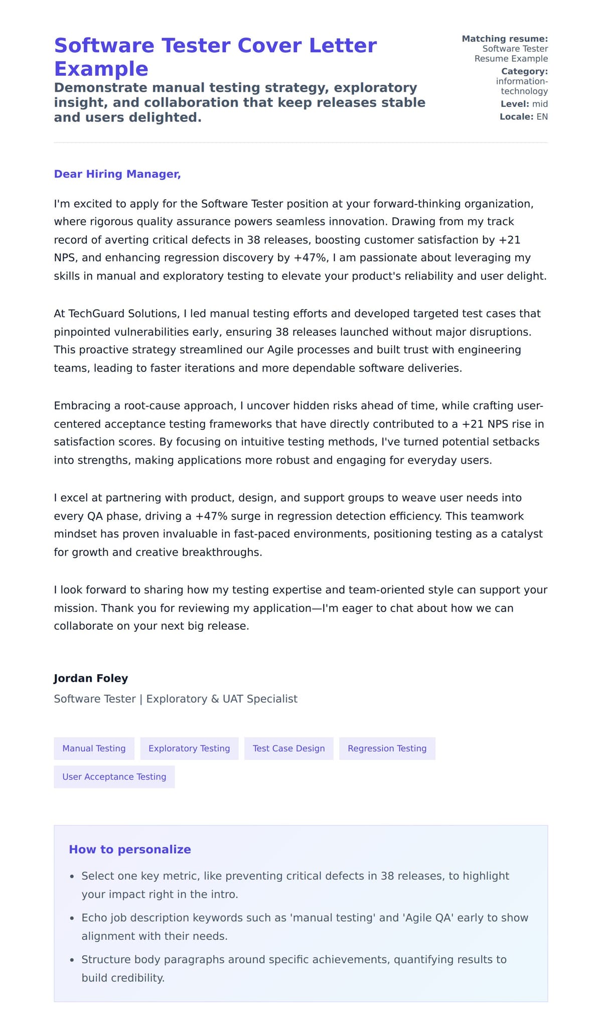 Cover Letter preview for Software Tester Cover Letter Example