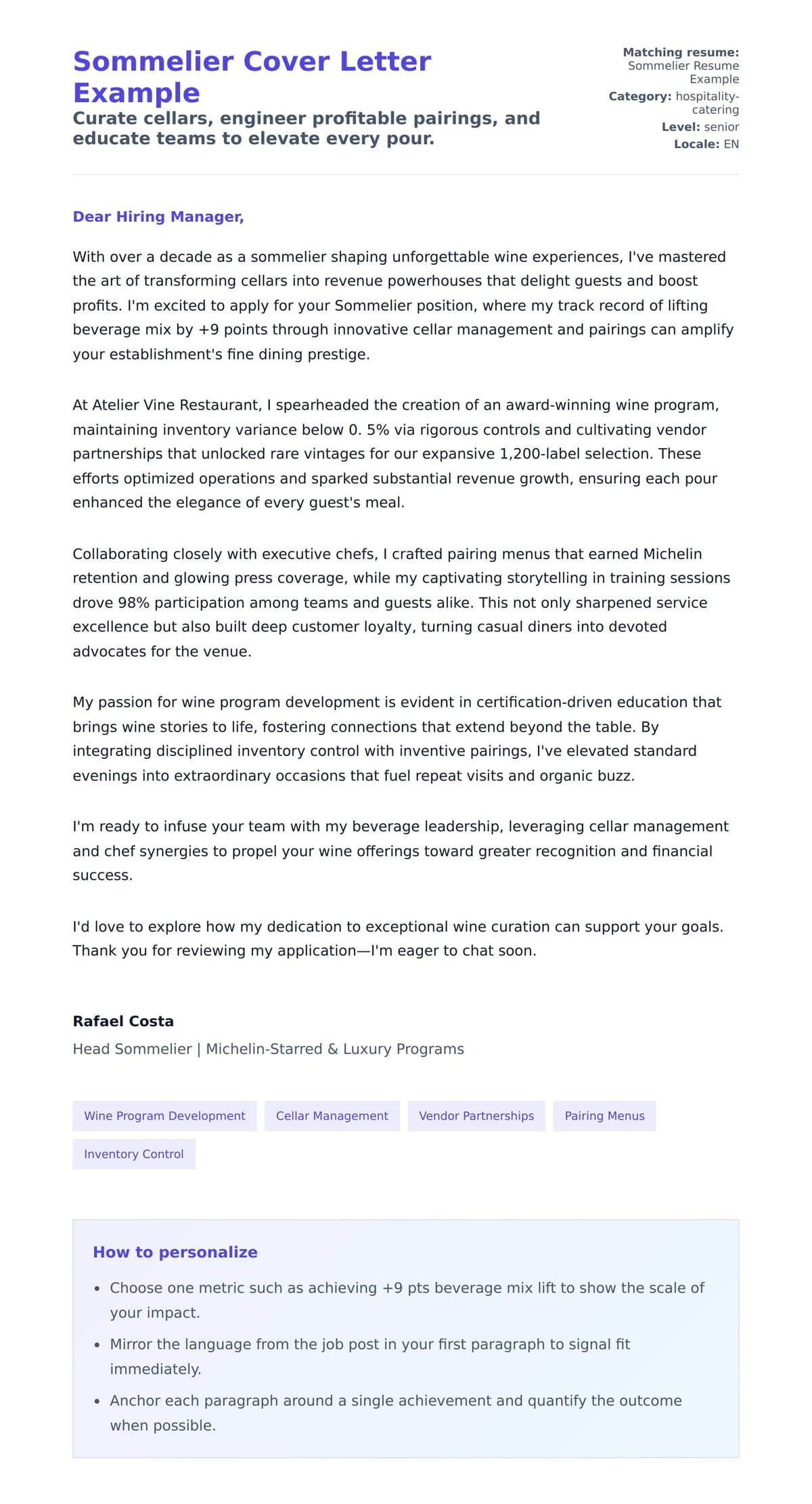 Cover Letter preview for Sommelier Cover Letter Example