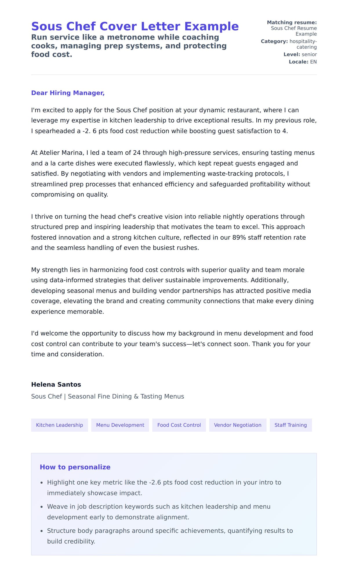 Cover Letter preview for Sous Chef Cover Letter Example