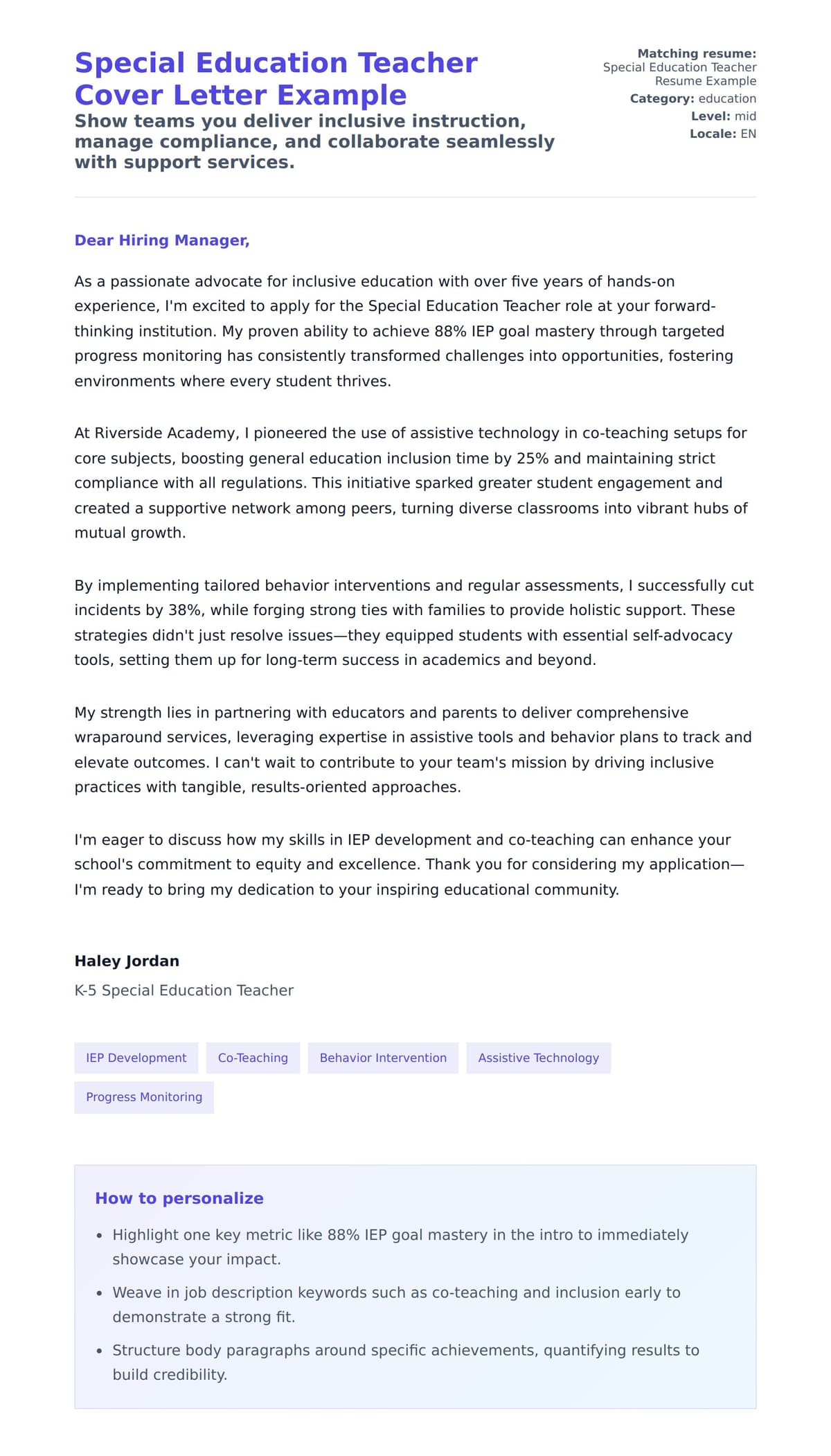 Cover Letter preview for Special Education Teacher Cover Letter Example