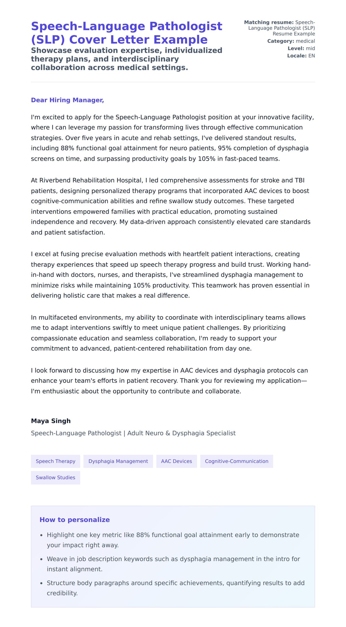 Cover Letter preview for Speech-Language Pathologist (SLP) Cover Letter Example