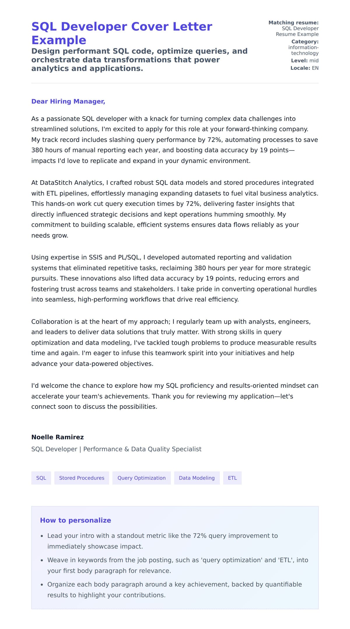 Cover Letter preview for SQL Developer Cover Letter Example