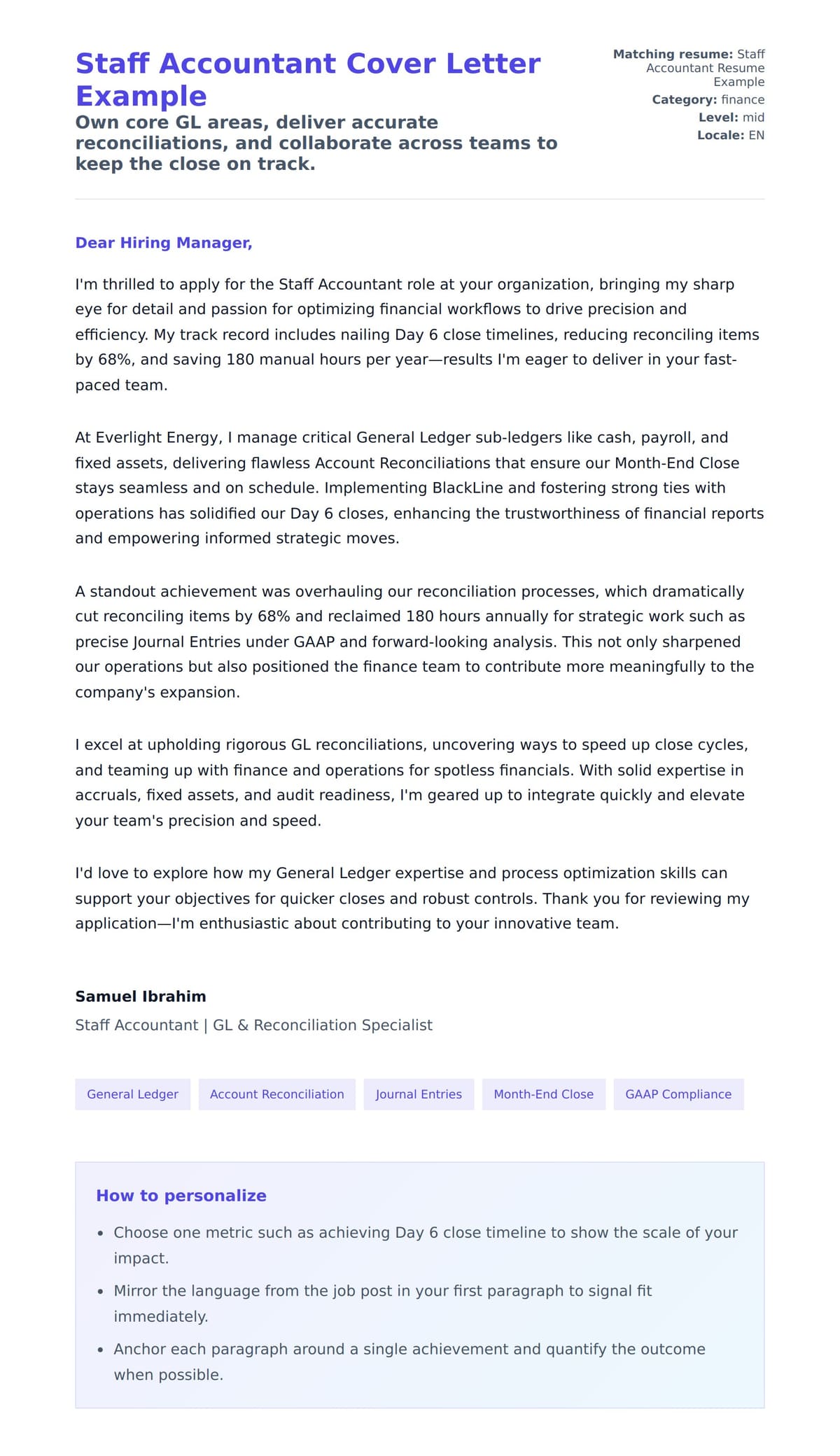 Cover Letter preview for Staff Accountant Cover Letter Example