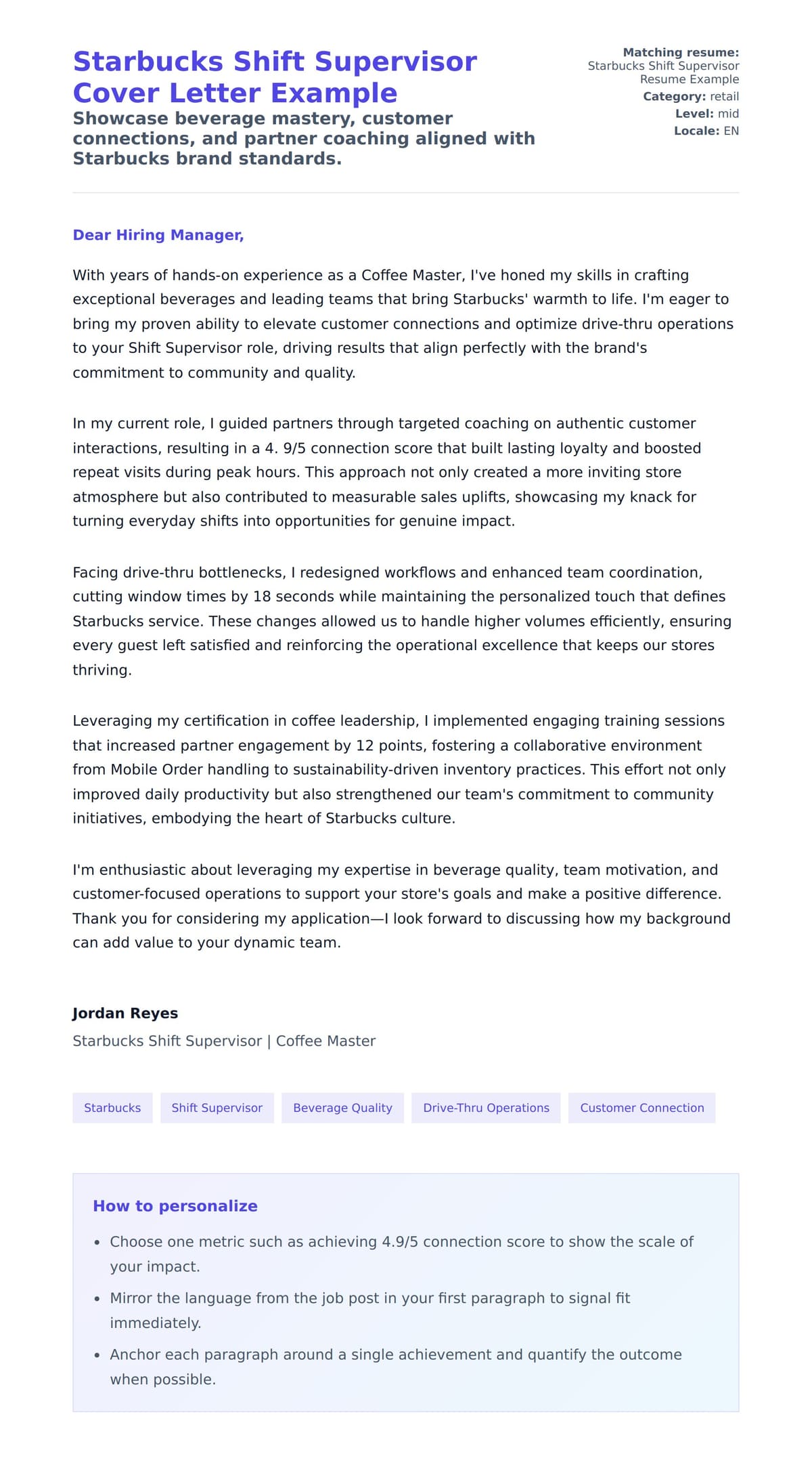 Cover Letter preview for Starbucks Shift Supervisor Cover Letter Example