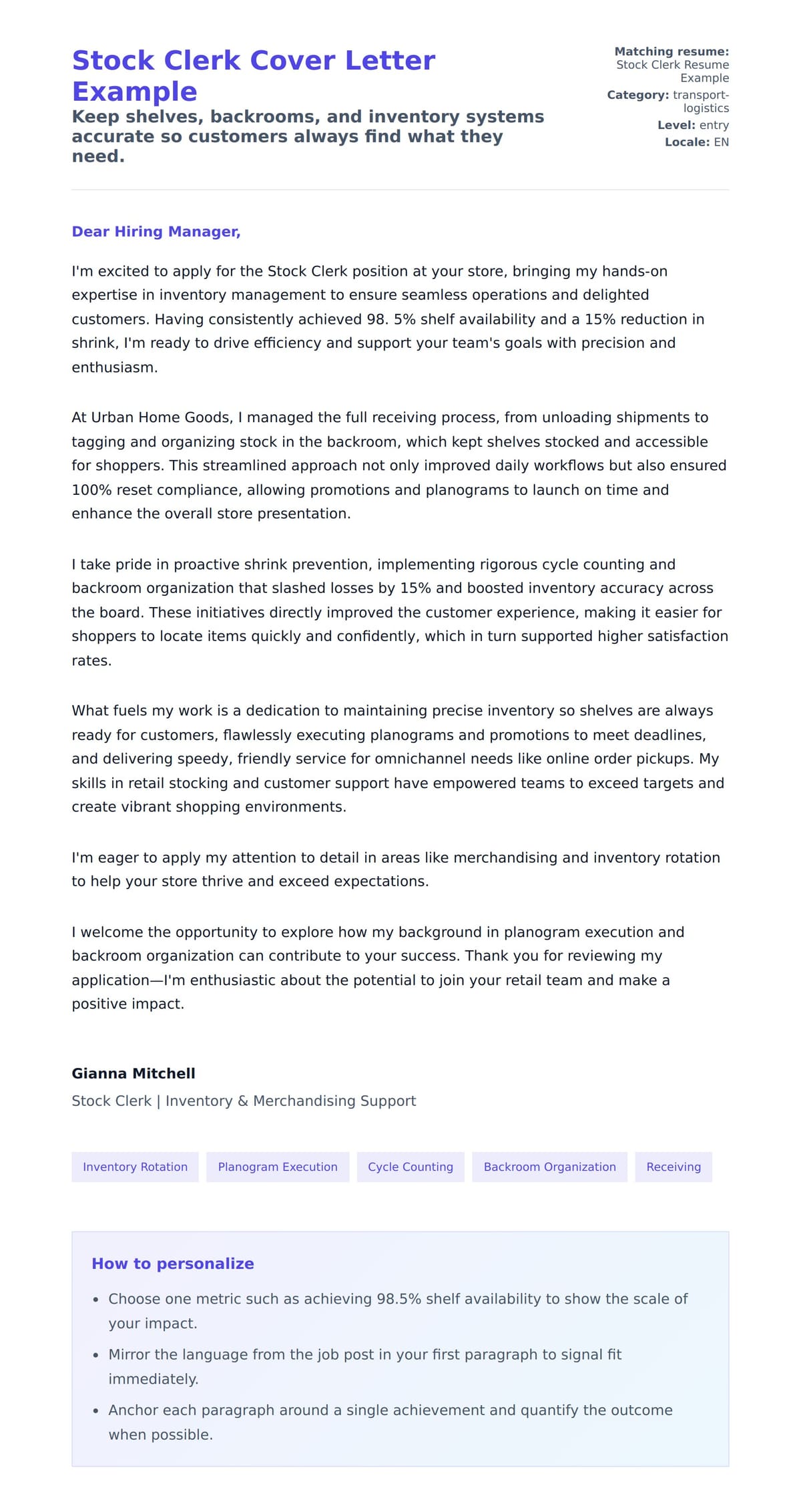 Cover Letter preview for Stock Clerk Cover Letter Example