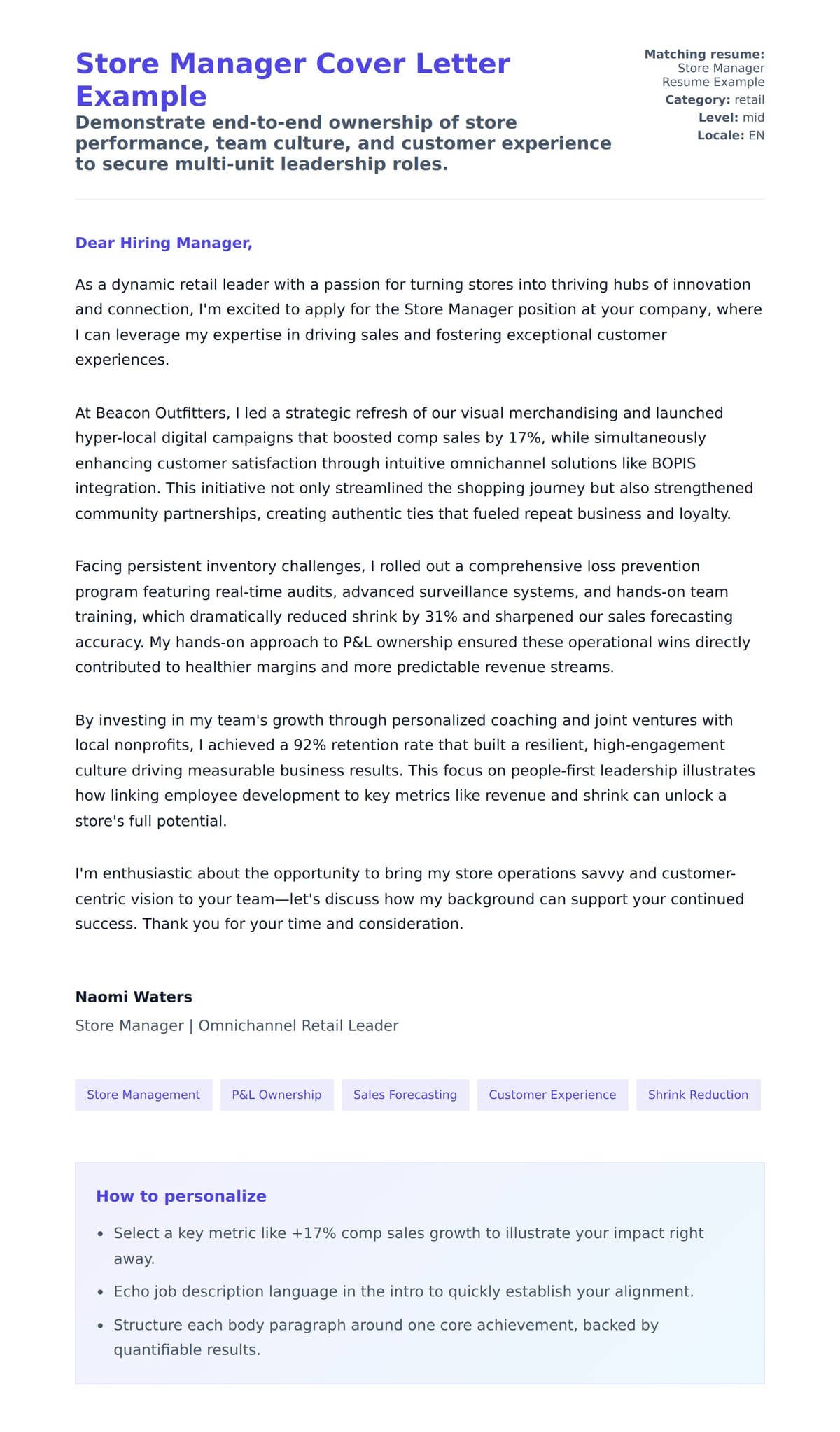 Cover Letter preview for Store Manager Cover Letter Example