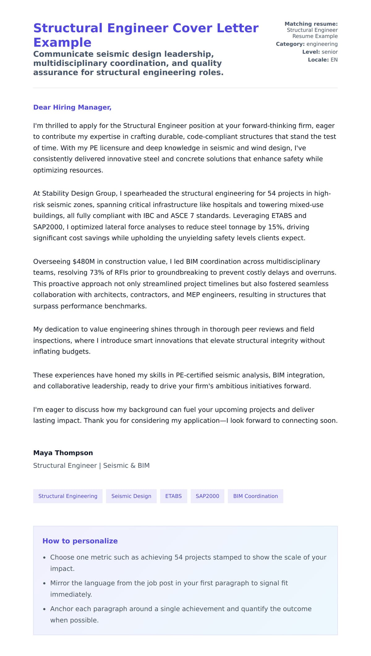 Cover Letter preview for Structural Engineer Cover Letter Example