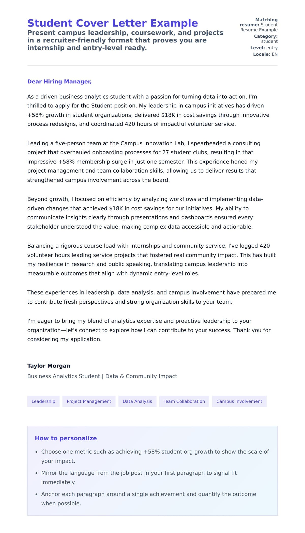 Cover Letter preview for Student Cover Letter Example