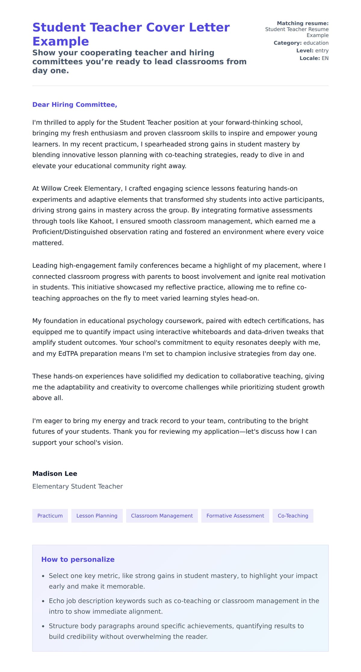 Cover Letter preview for Student Teacher Cover Letter Example