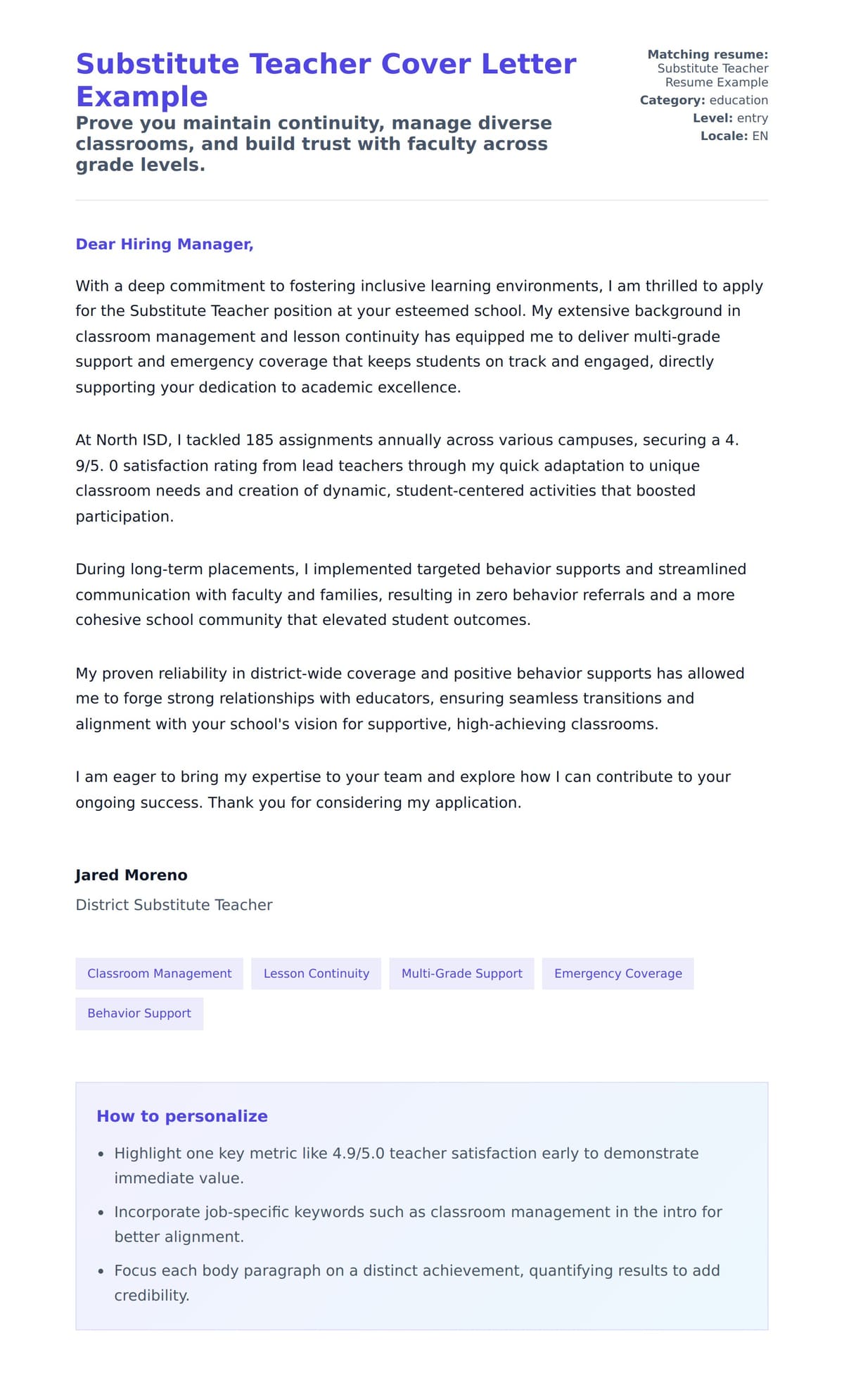 Cover Letter preview for Substitute Teacher Cover Letter Example