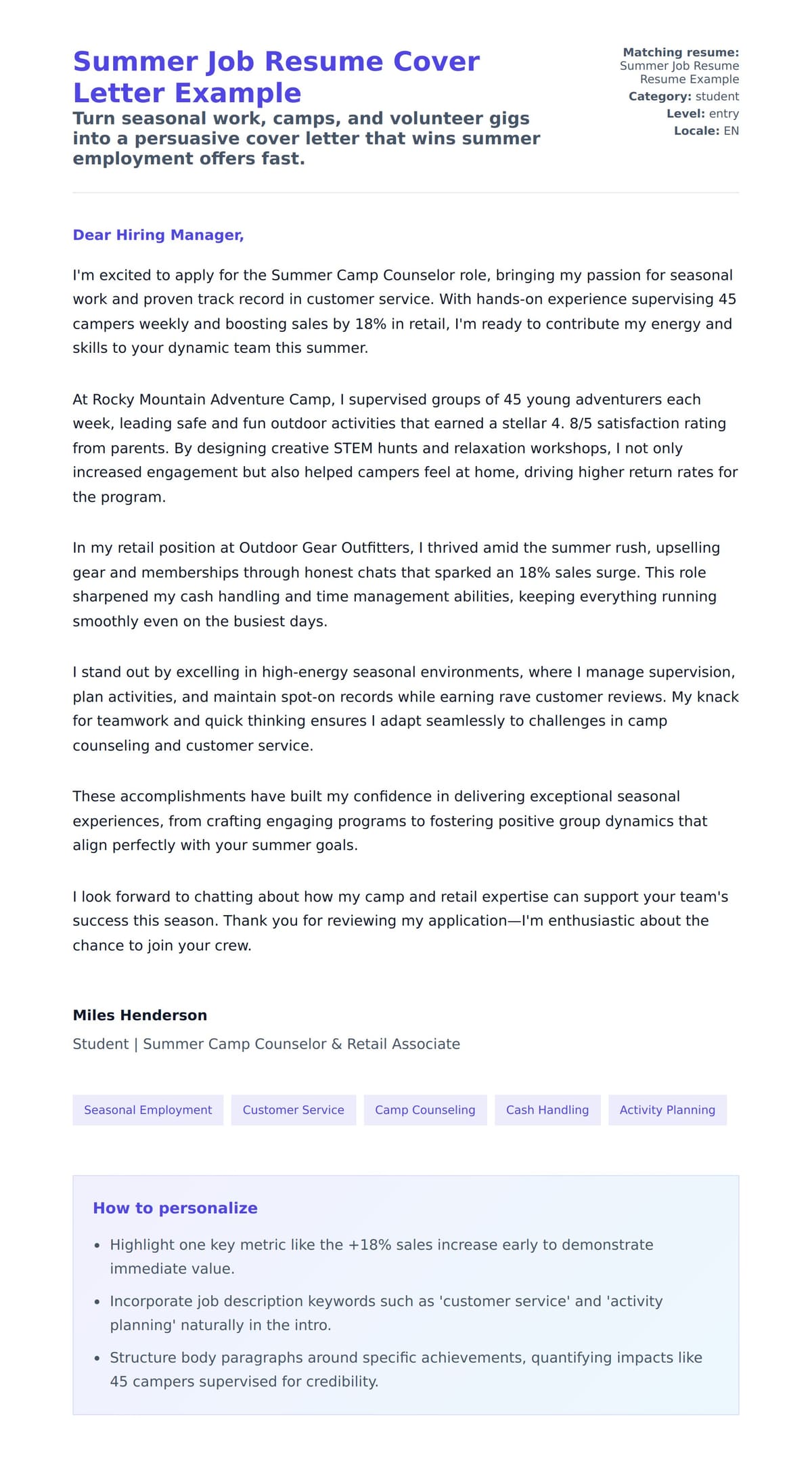 Cover Letter preview for Summer Job Resume Cover Letter Example