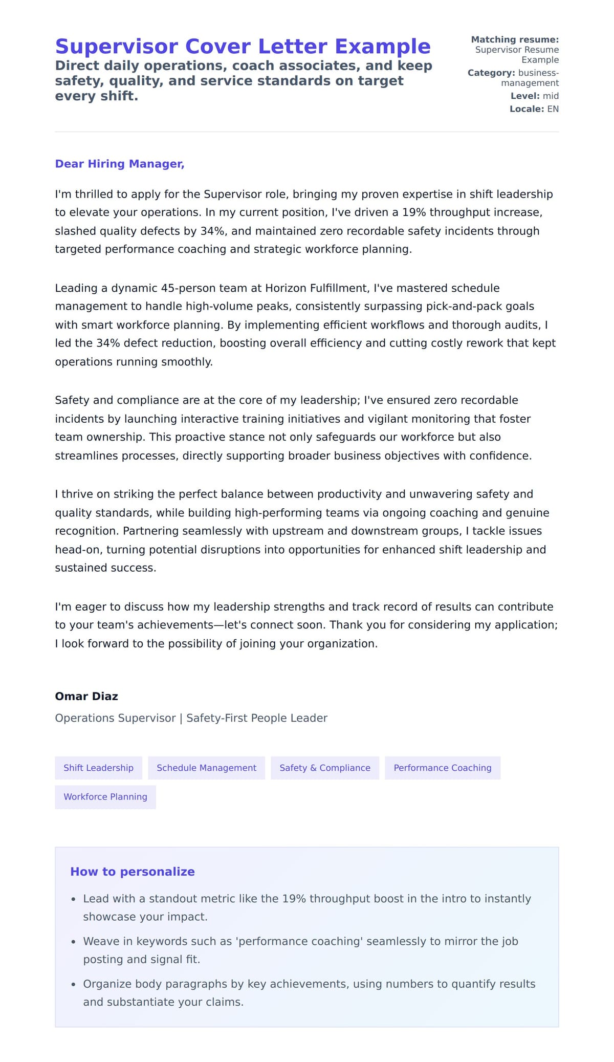 Cover Letter preview for Supervisor Cover Letter Example