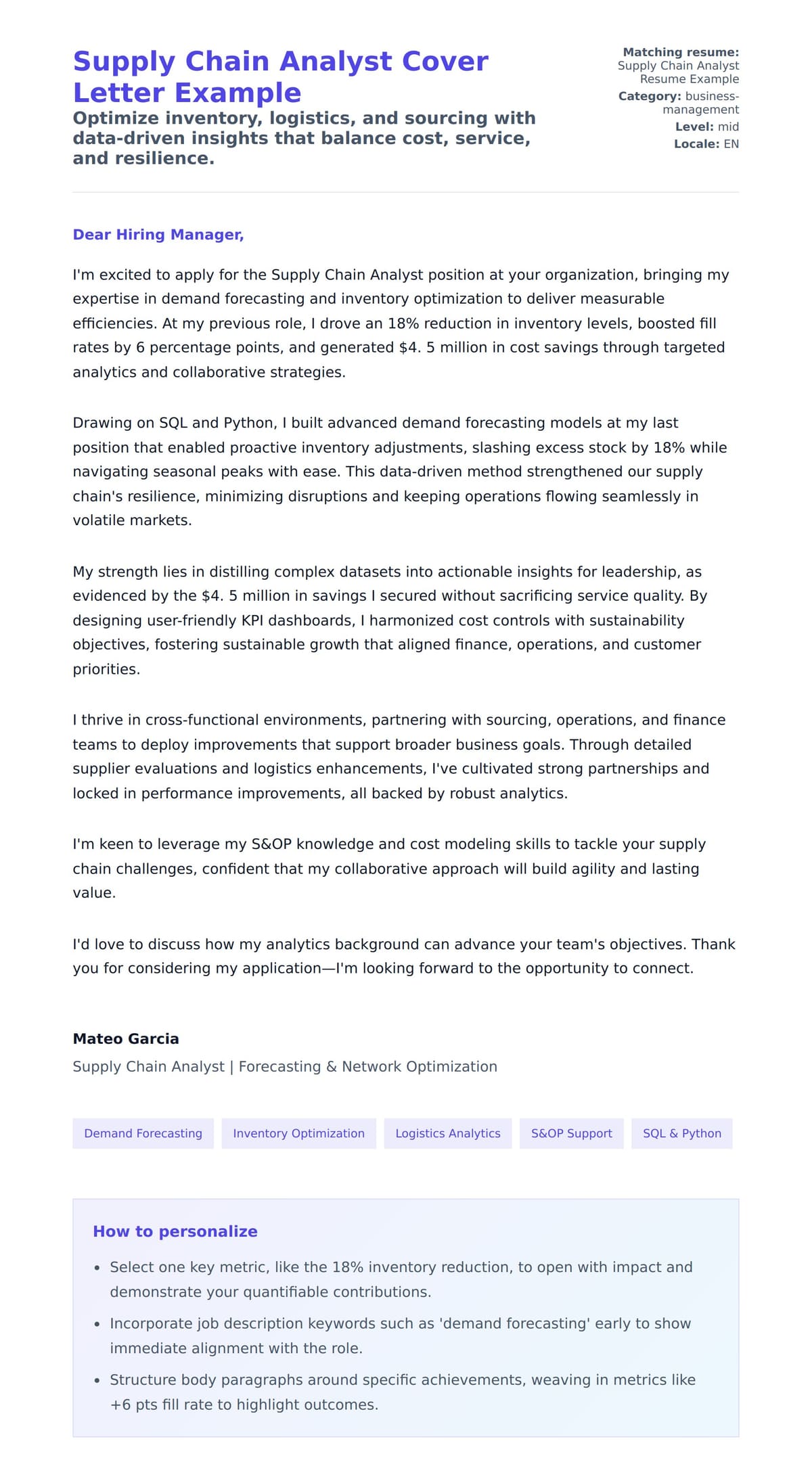 Cover Letter preview for Supply Chain Analyst Cover Letter Example