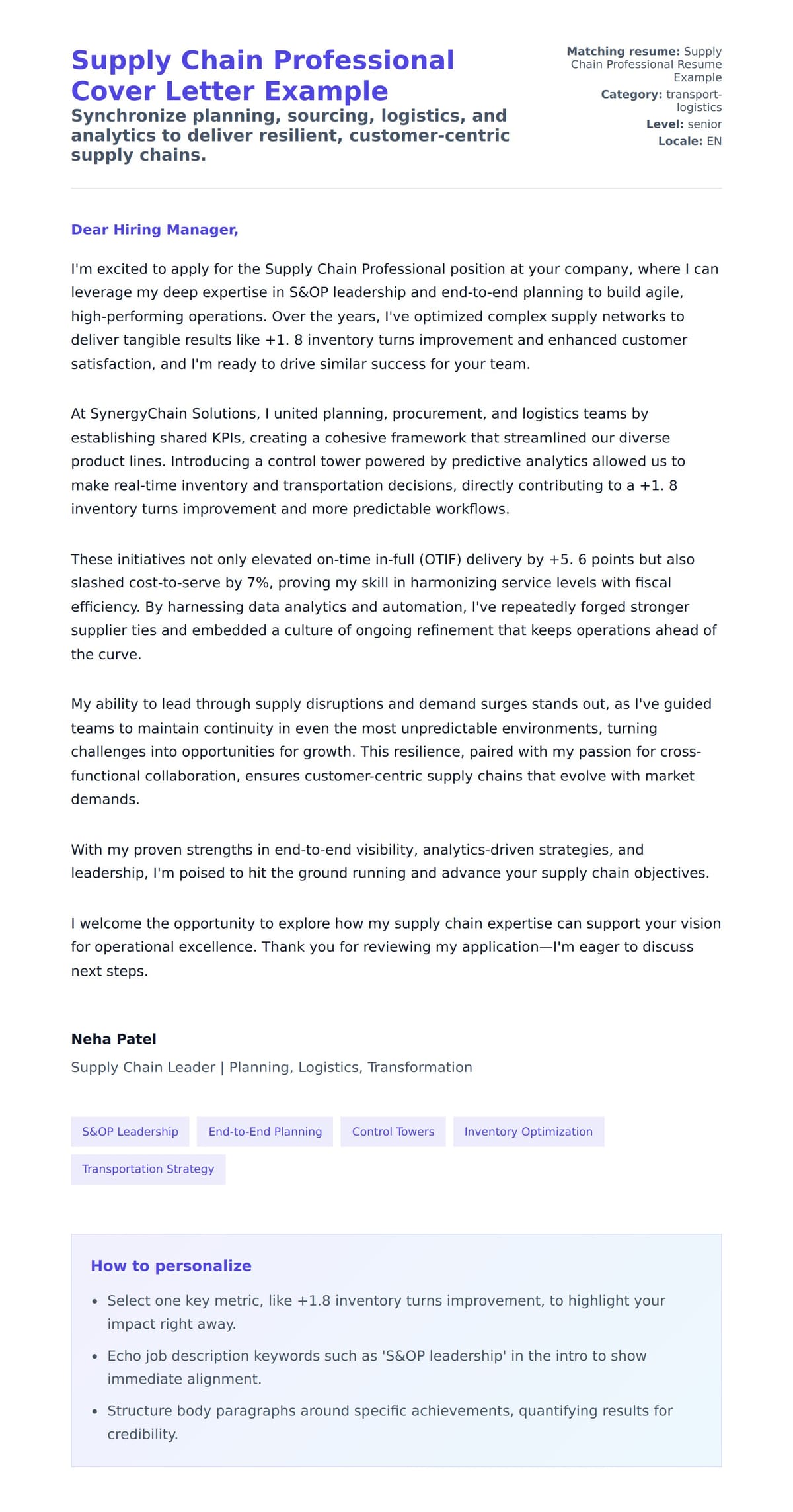 Cover Letter preview for Supply Chain Professional Cover Letter Example