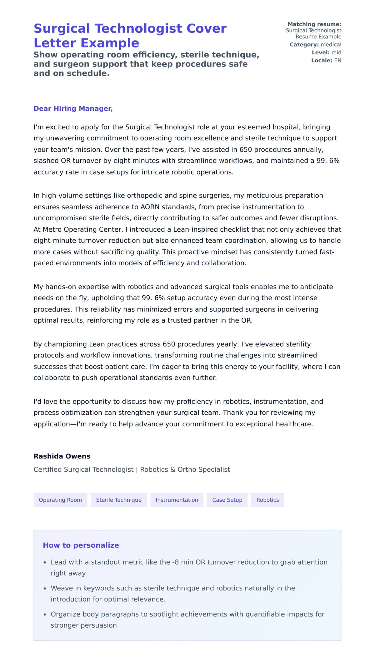 Cover Letter preview for Surgical Technologist Cover Letter Example