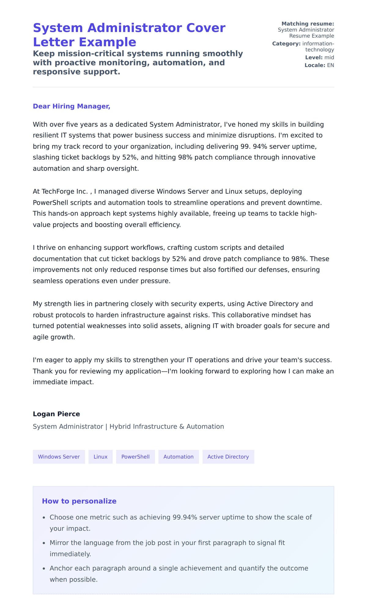 Cover Letter preview for System Administrator Cover Letter Example