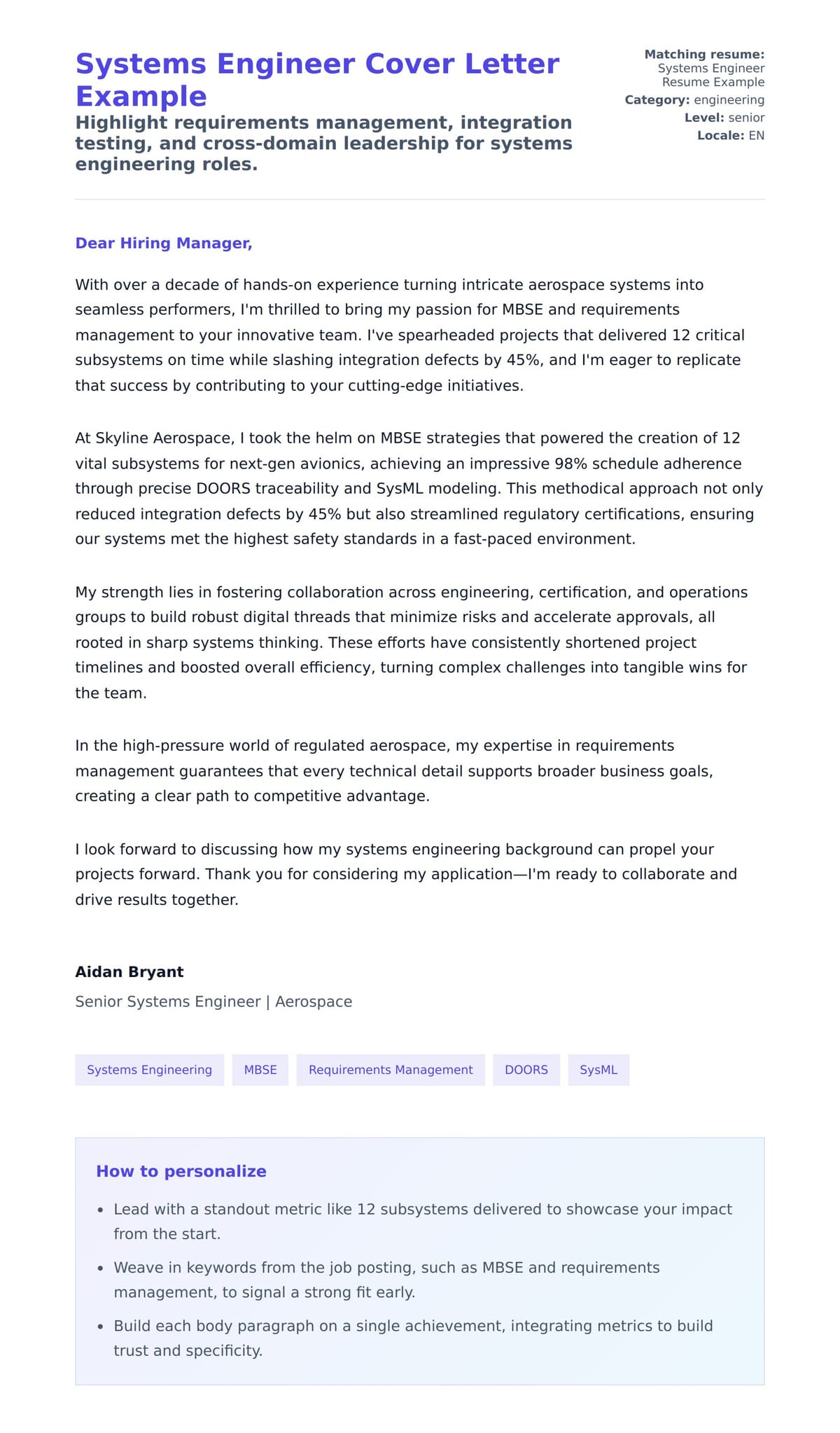 Cover Letter preview for Systems Engineer Cover Letter Example