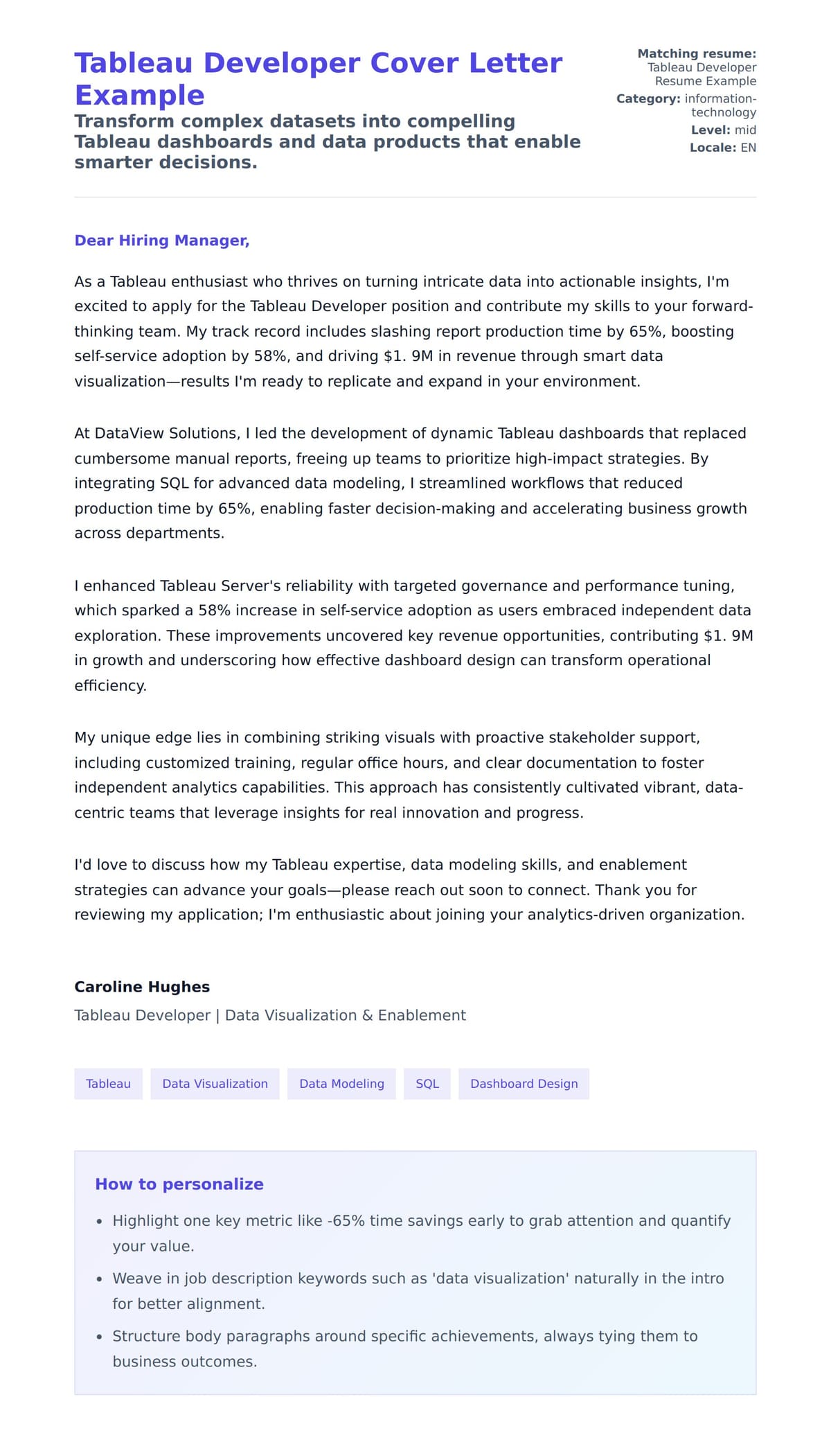 Cover Letter preview for Tableau Developer Cover Letter Example