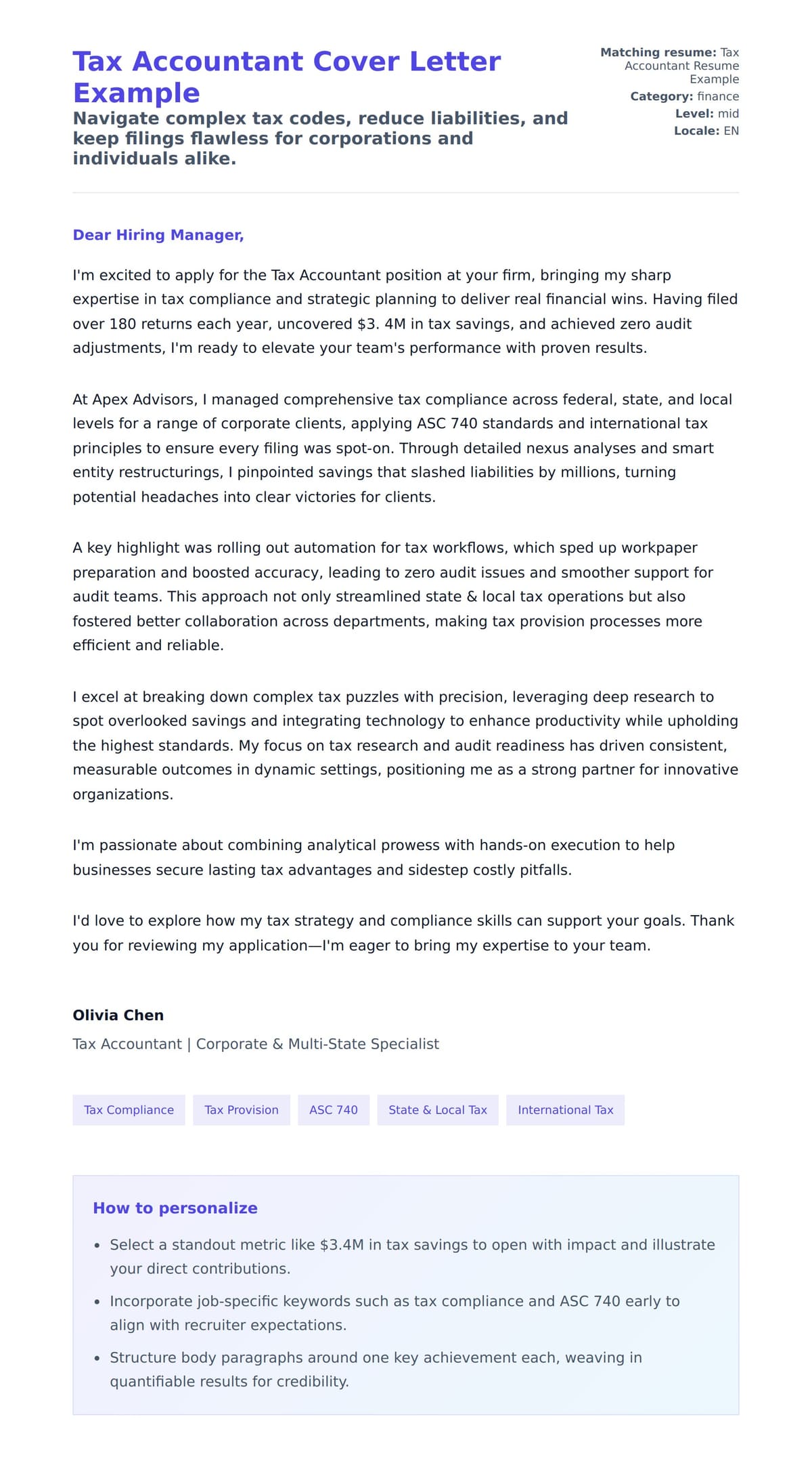 Cover Letter preview for Tax Accountant Cover Letter Example