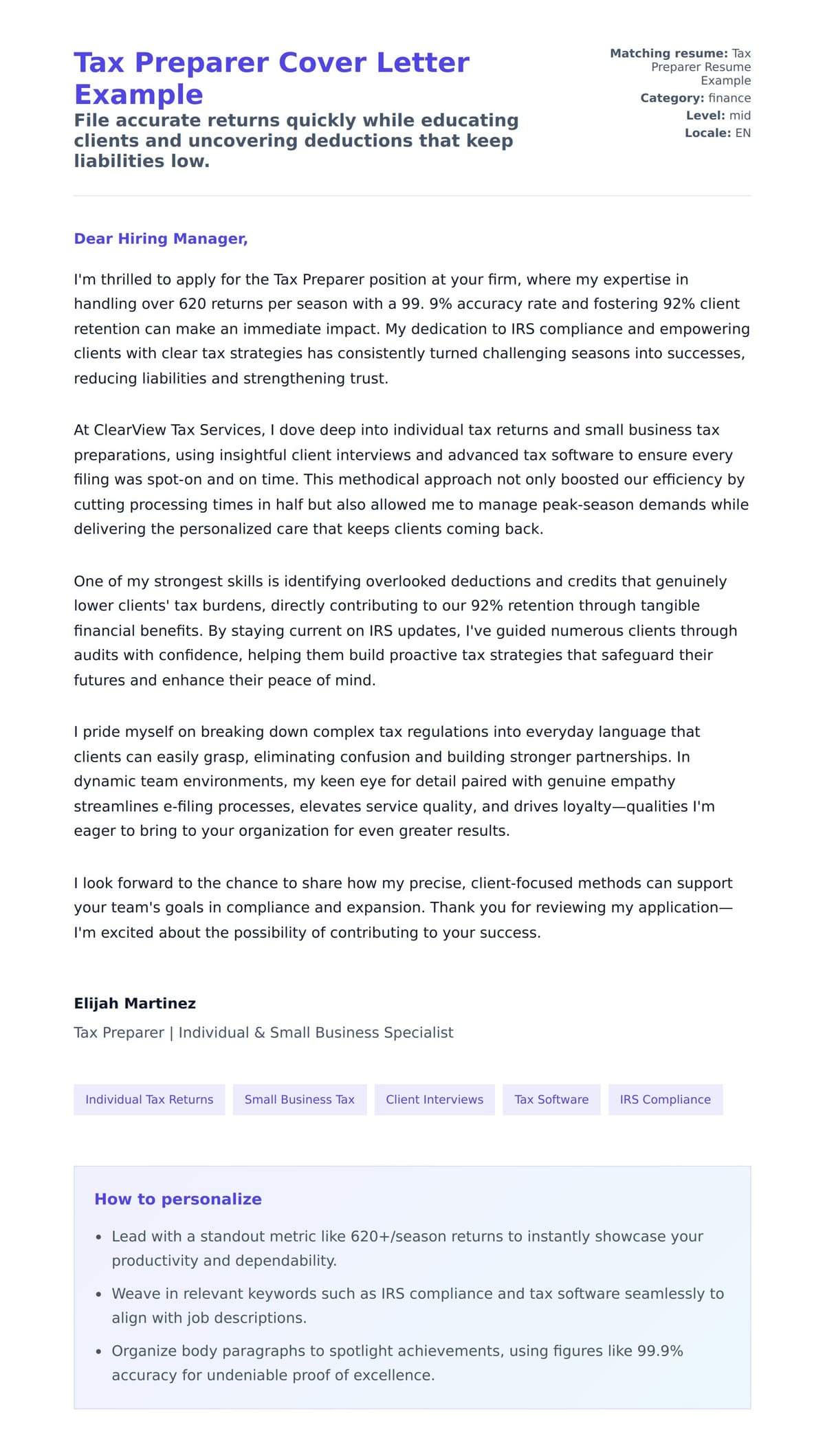 Cover Letter preview for Tax Preparer Cover Letter Example