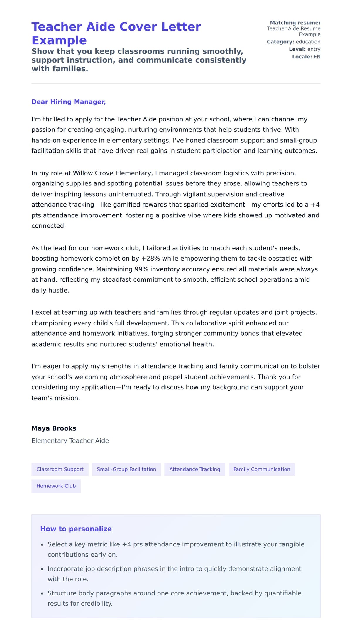 Cover Letter preview for Teacher Aide Cover Letter Example