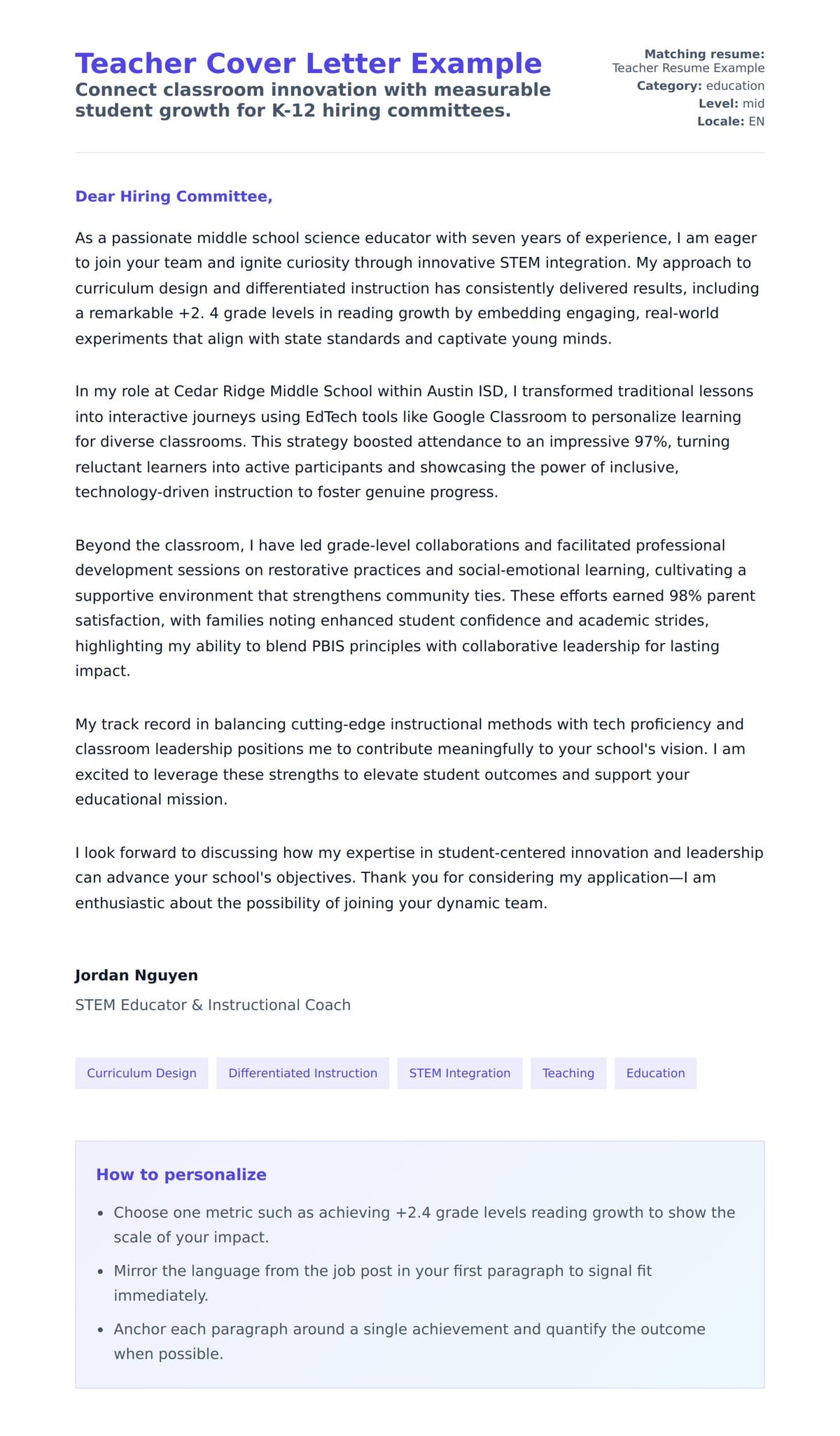 Cover Letter preview for Teacher Cover Letter Example