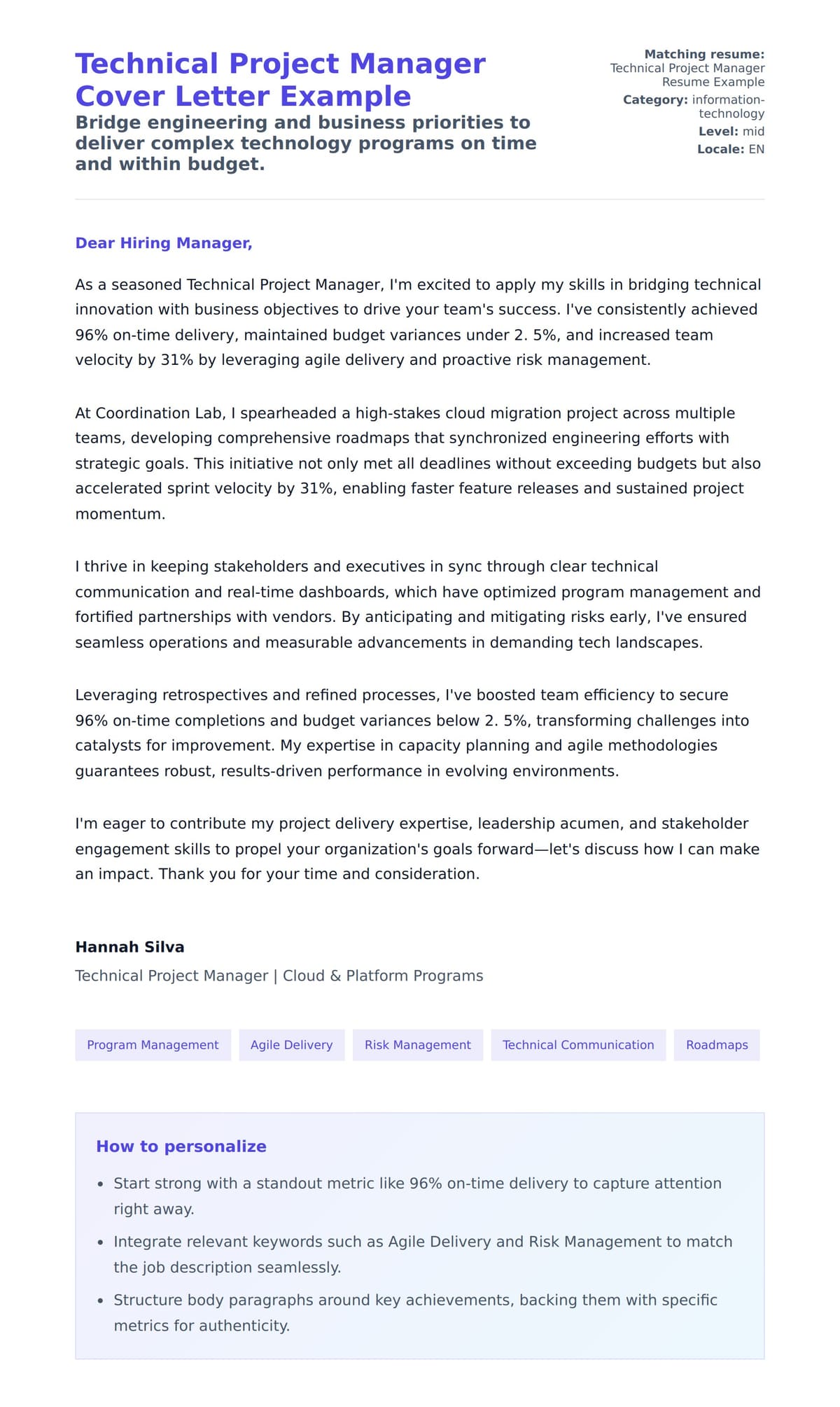Cover Letter preview for Technical Project Manager Cover Letter Example