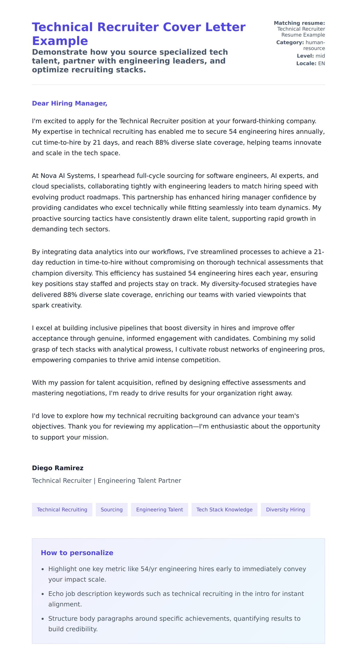 Cover Letter preview for Technical Recruiter Cover Letter Example