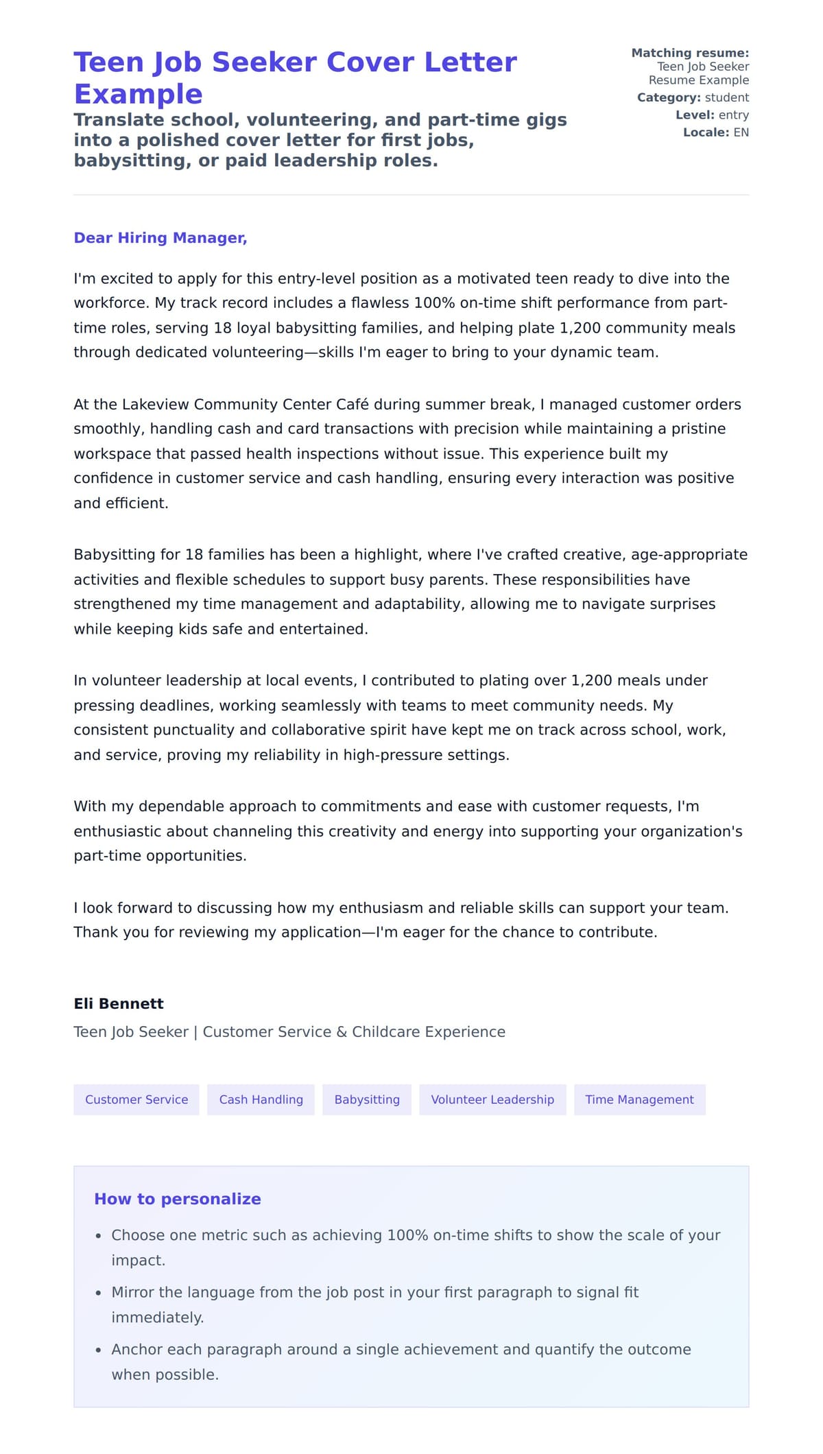 Cover Letter preview for Teen Job Seeker Cover Letter Example