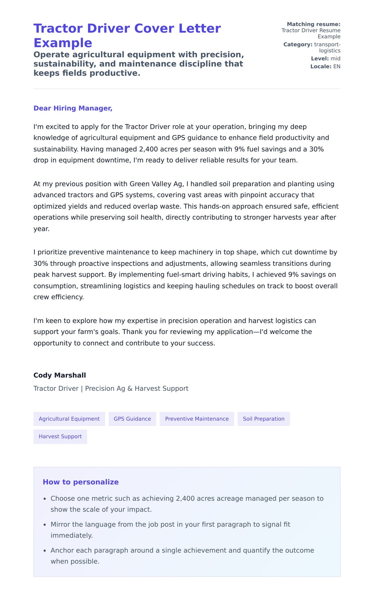Cover Letter preview for Tractor Driver Cover Letter Example