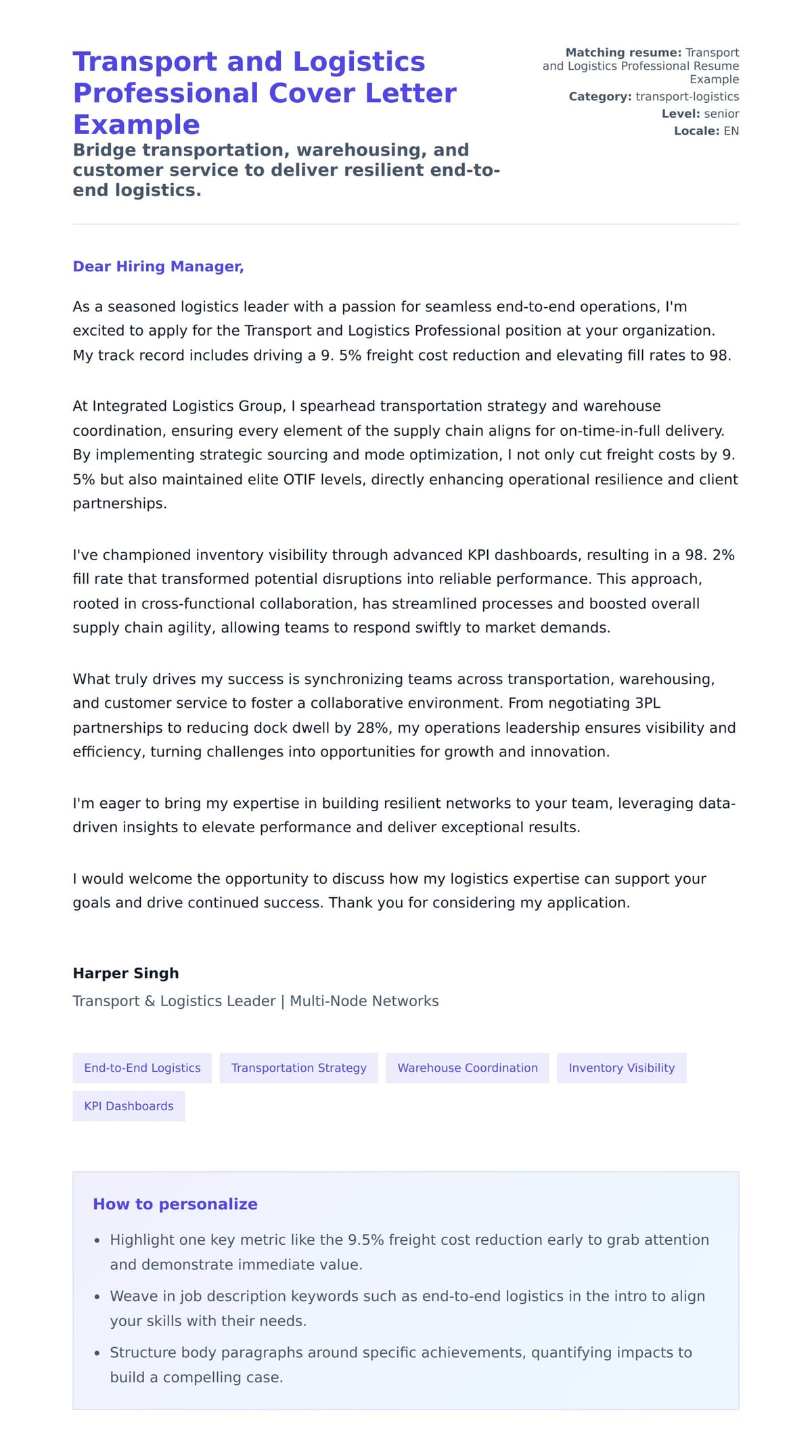 Cover Letter preview for Transport and Logistics Professional Cover Letter Example