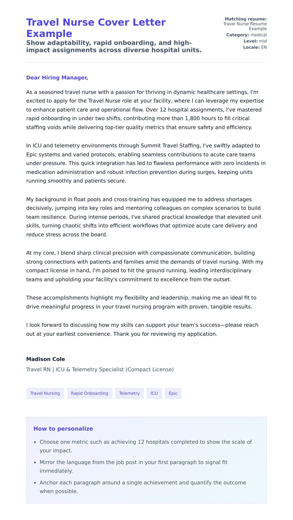 Cover Letter preview for Travel Nurse Cover Letter Example