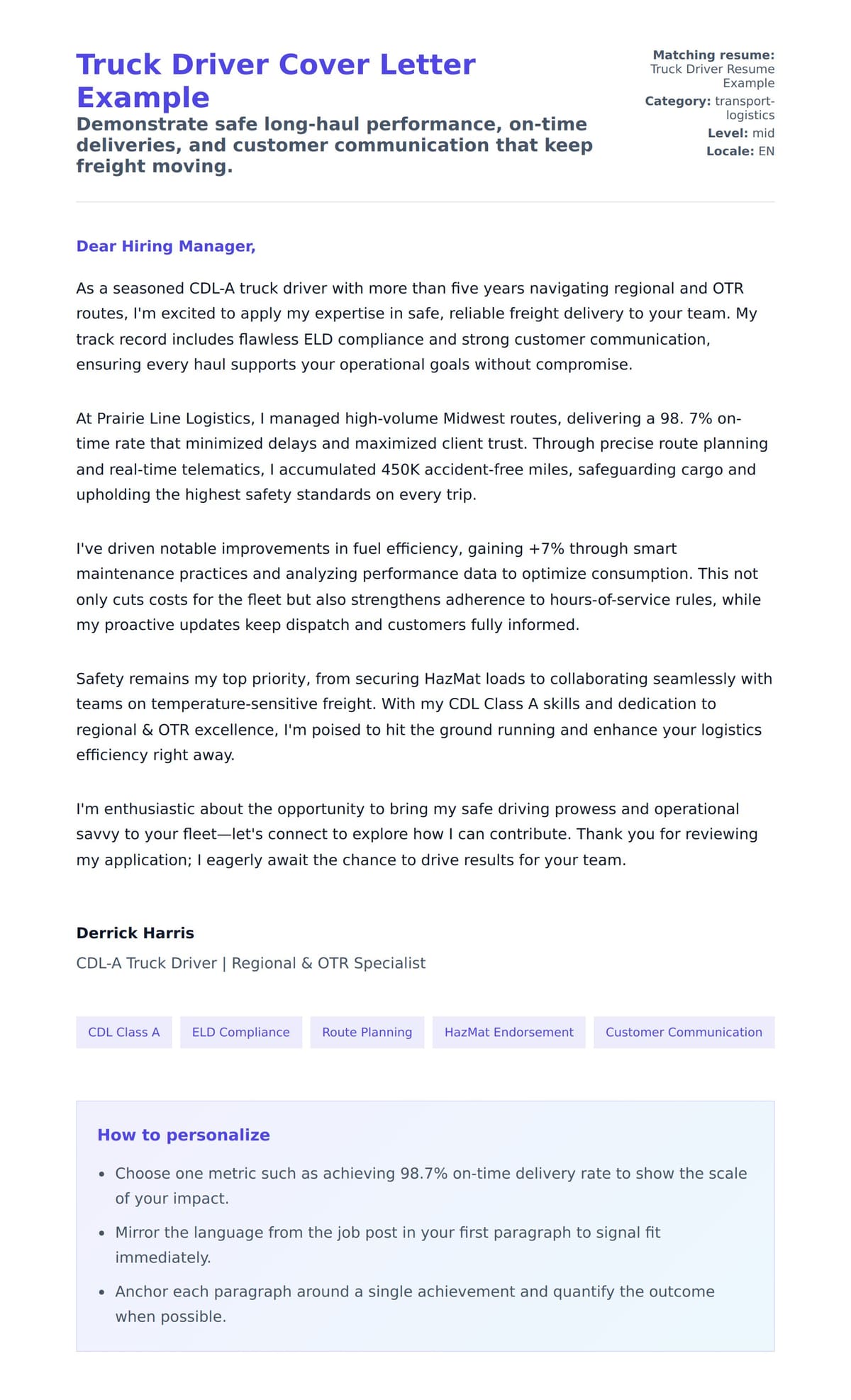 Cover Letter preview for Truck Driver Cover Letter Example