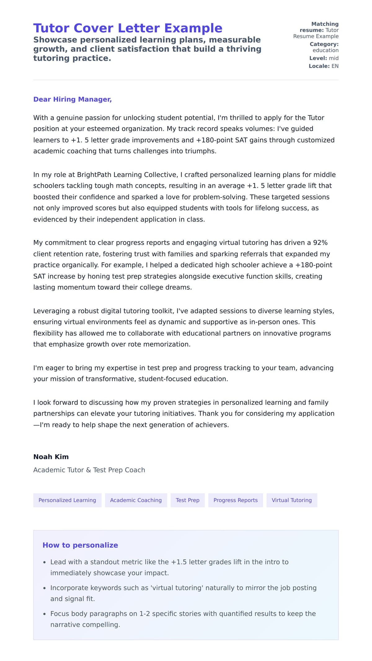 Cover Letter preview for Tutor Cover Letter Example