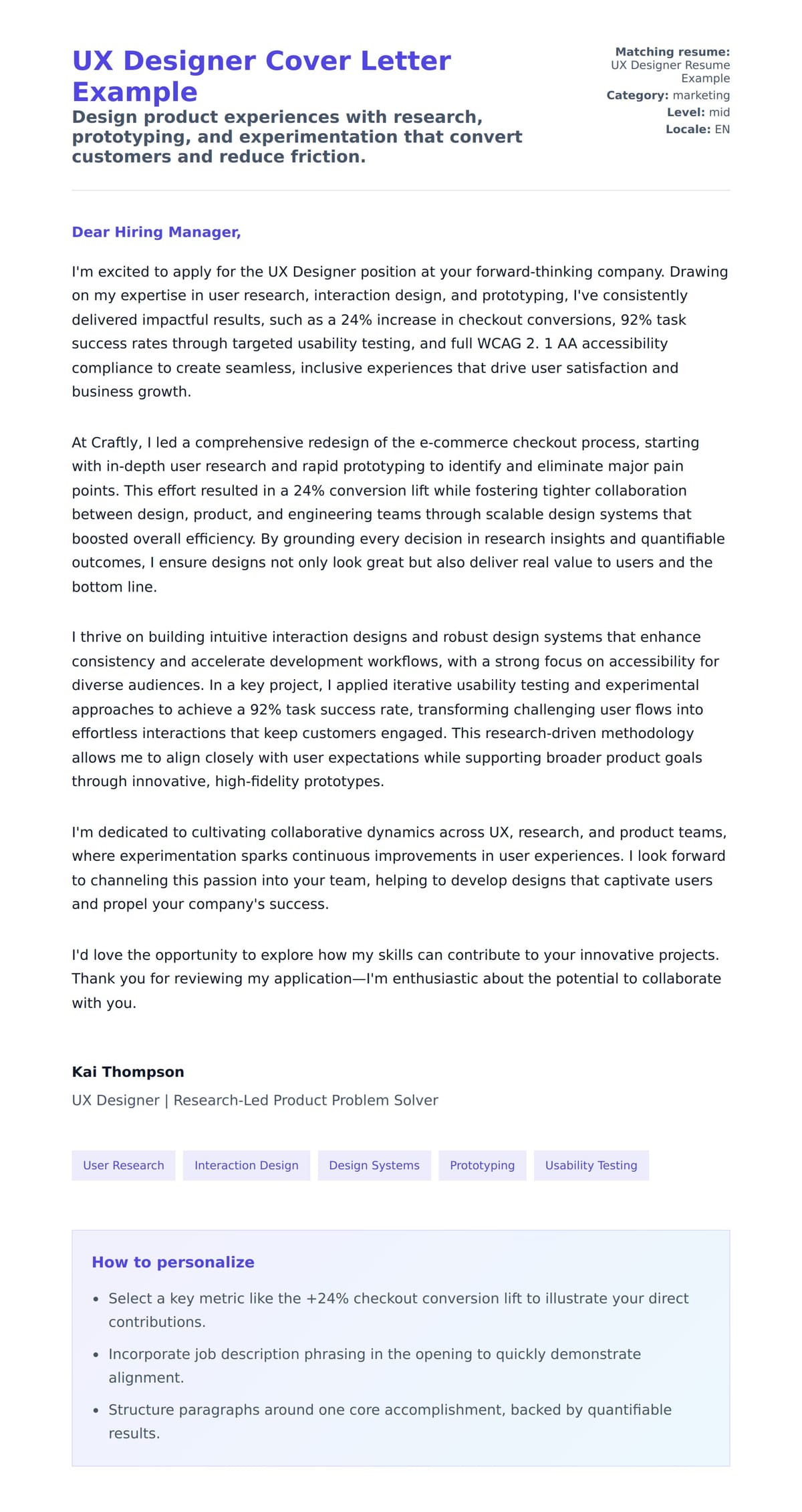 Cover Letter preview for UX Designer Cover Letter Example