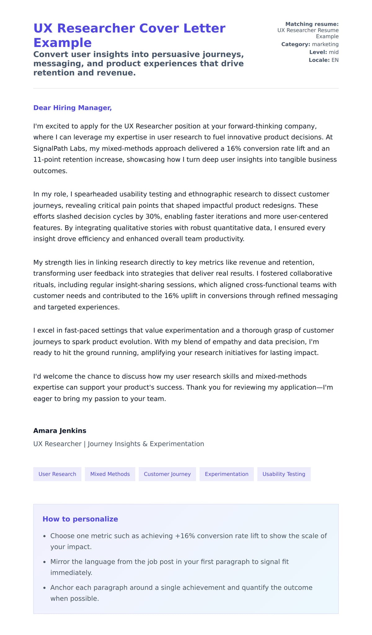 Cover Letter preview for UX Researcher Cover Letter Example