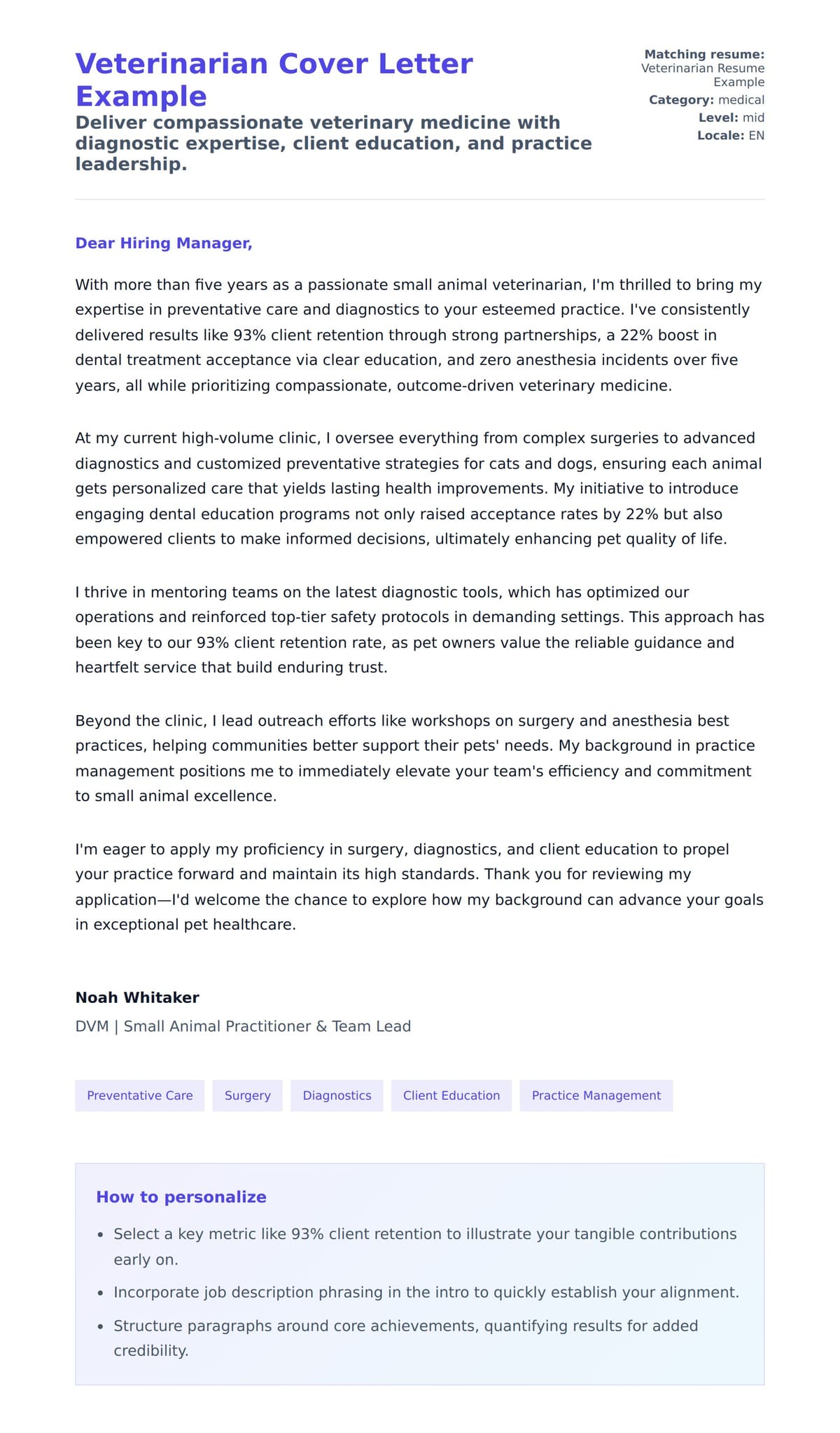 Cover Letter preview for Veterinarian Cover Letter Example