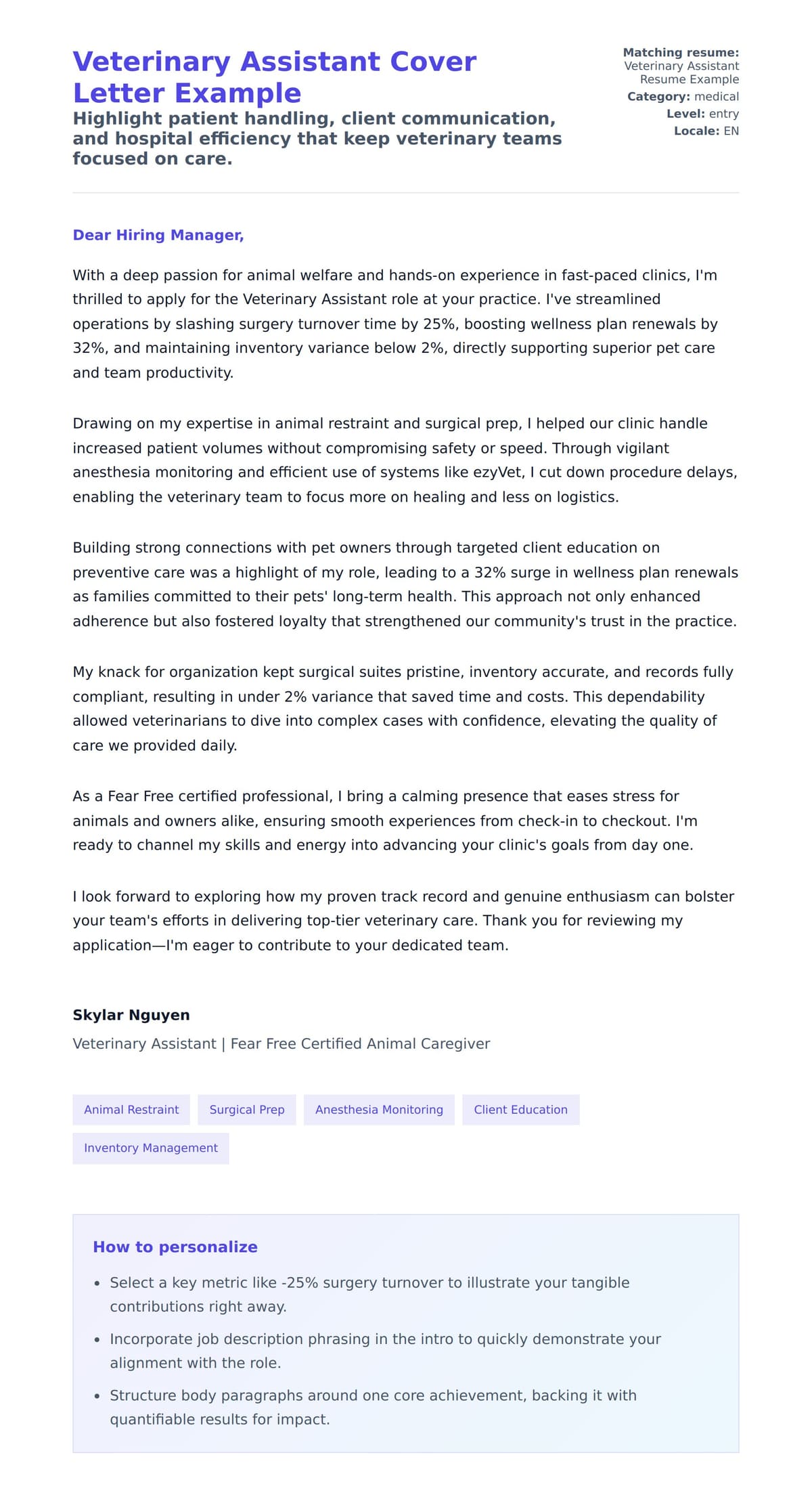 Cover Letter preview for Veterinary Assistant Cover Letter Example