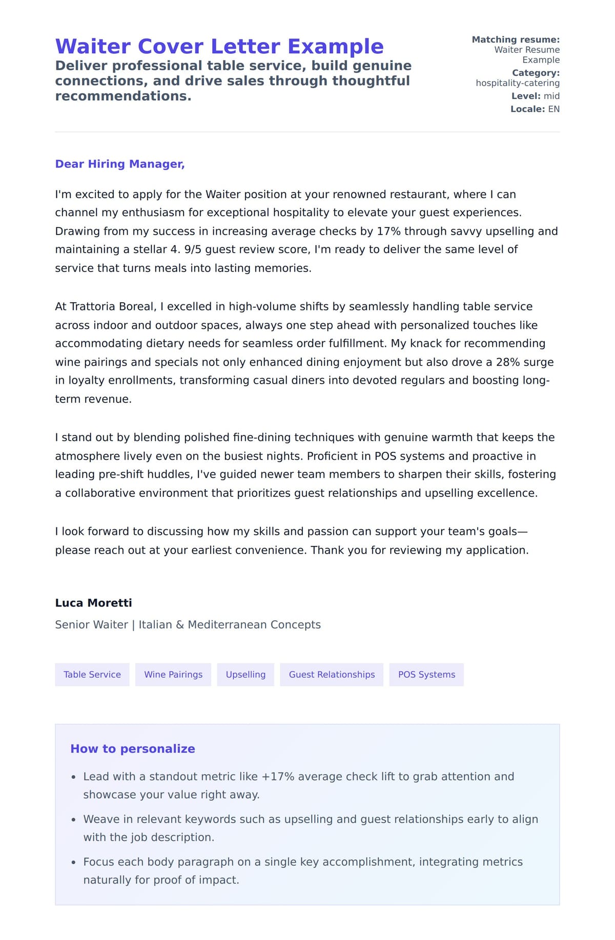 Cover Letter preview for Waiter Cover Letter Example