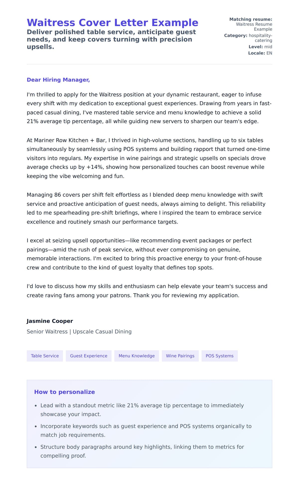 Cover Letter preview for Waitress Cover Letter Example