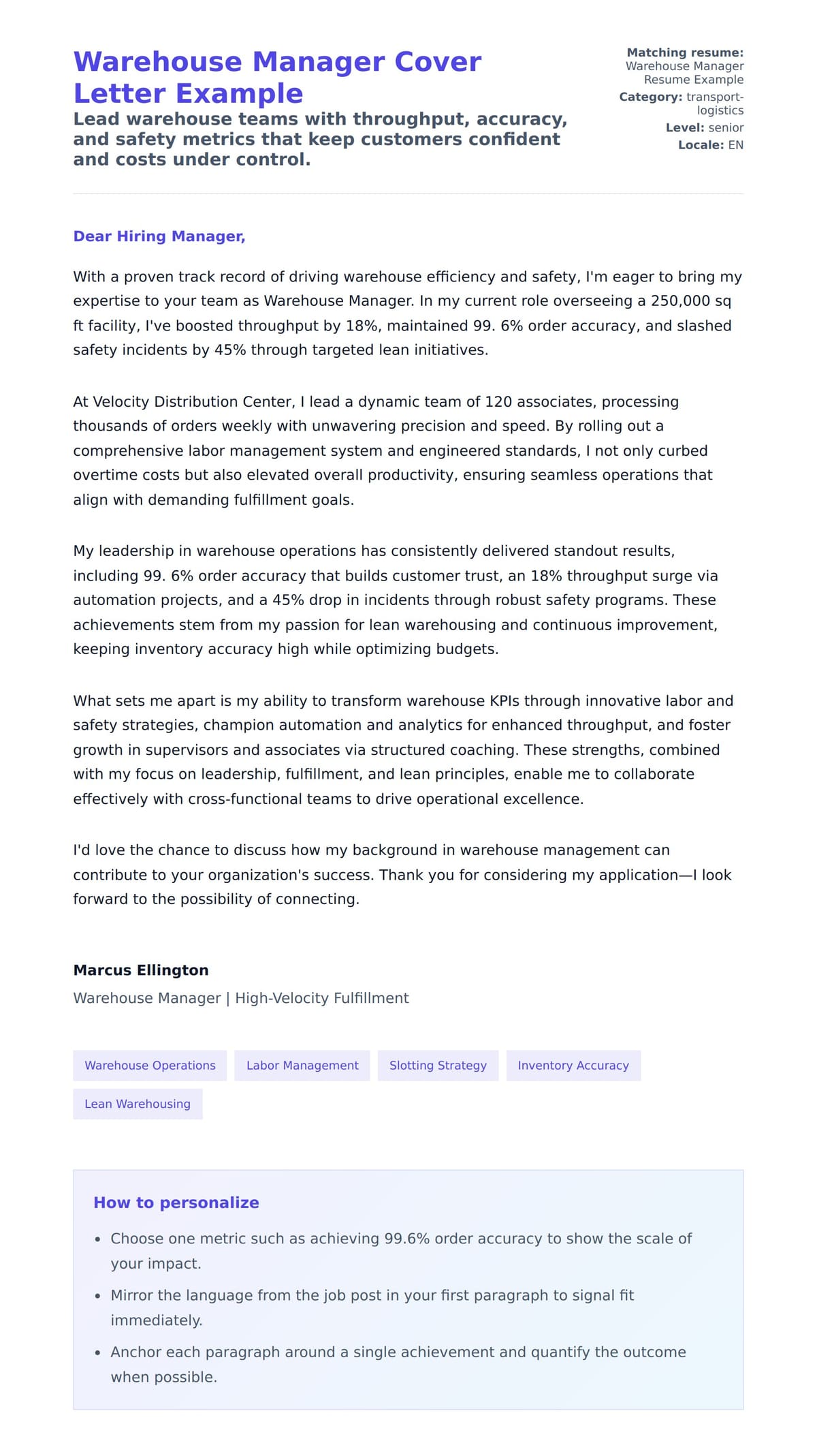 Cover Letter preview for Warehouse Manager Cover Letter Example