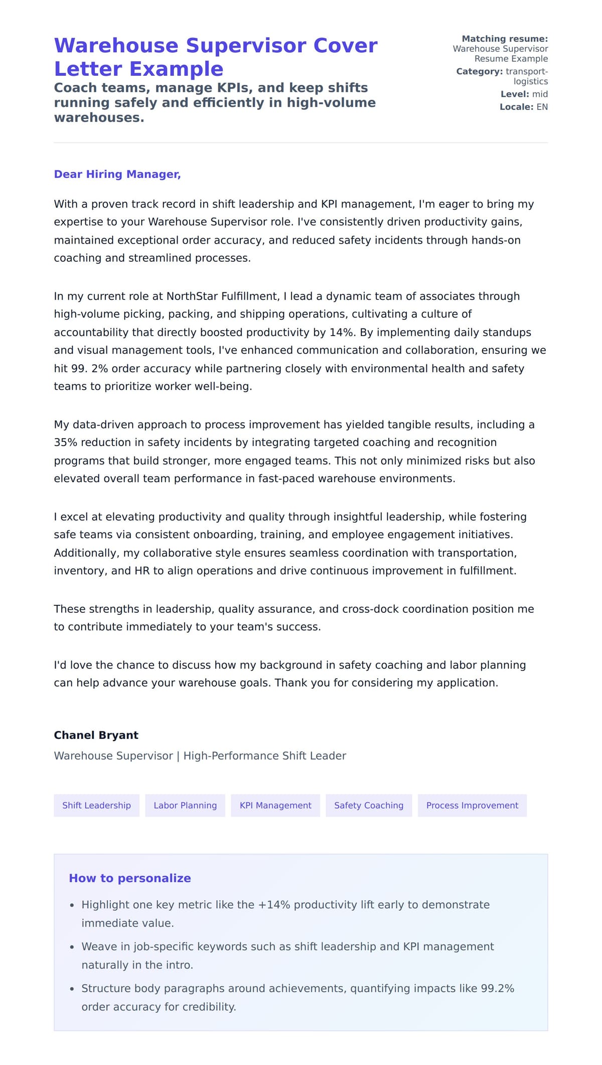 Cover Letter preview for Warehouse Supervisor Cover Letter Example