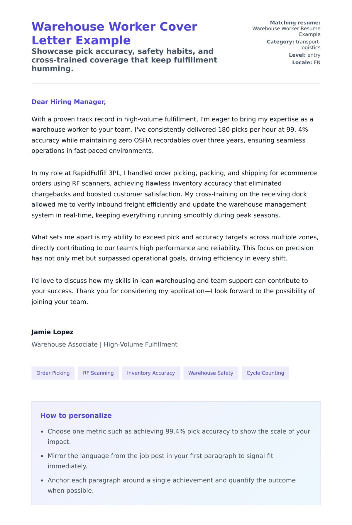 Cover Letter preview for Warehouse Worker Cover Letter Example