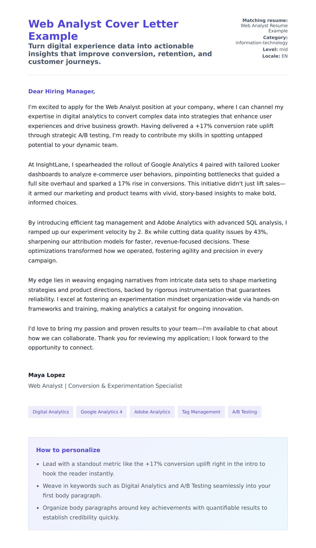 Cover Letter preview for Web Analyst Cover Letter Example