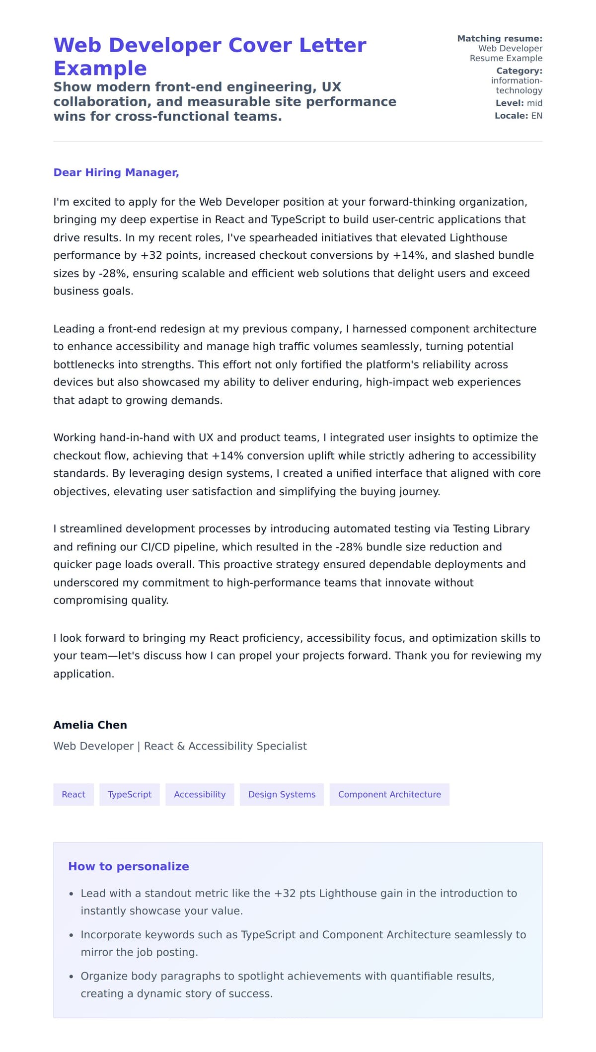 Cover Letter preview for Web Developer Cover Letter Example