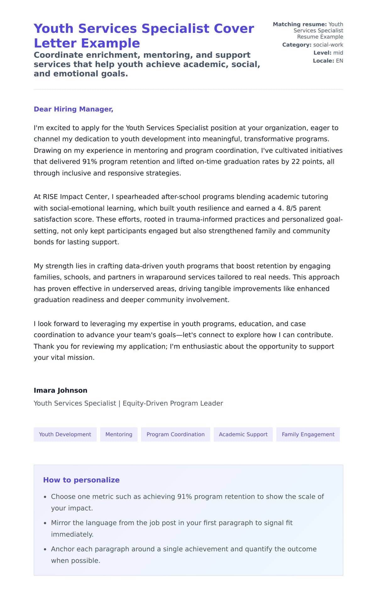 Cover Letter preview for Youth Services Specialist Cover Letter Example