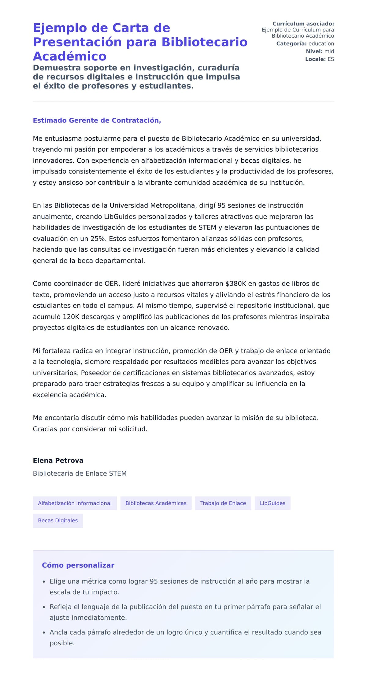 Vista previa de la carta para Ejemplo de Carta de Presentación para Bibliotecario Académico